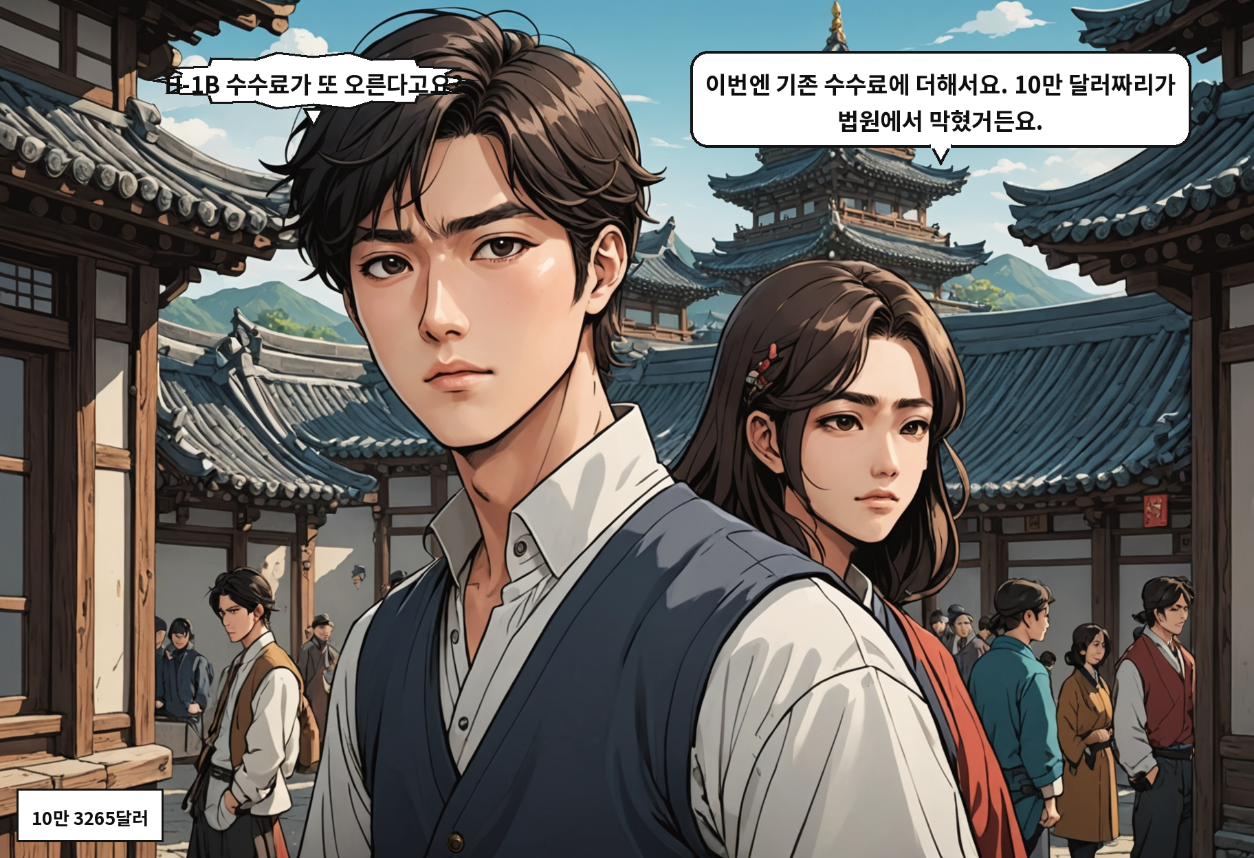 B: H-1B 수수료가 또 오른다고요? A: 이번엔 기존 수수료에 더해서요. 10만 달러짜리가 법원에서 막혔거든요.