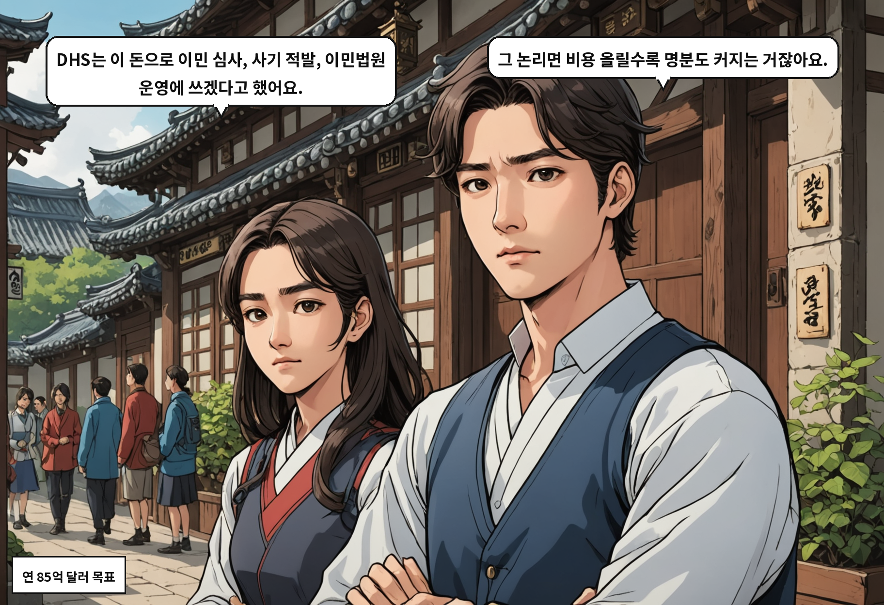 A: DHS는 이 돈으로 이민 심사, 사기 적발, 이민법원 운영에 쓰겠다고 했어요. B: 그 논리면 비용 올릴수록 명분도 커지는 거잖아요.