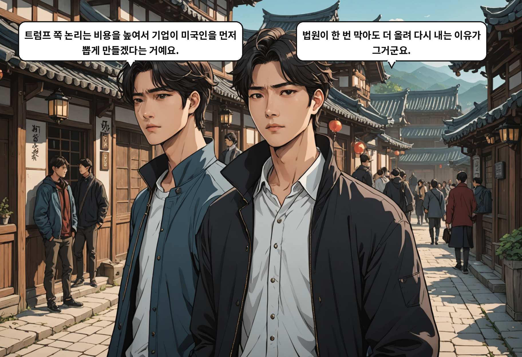 A: 트럼프 쪽 논리는 비용을 높여서 기업이 미국인을 먼저 뽑게 만들겠다는 거예요. B: 법원이 한 번 막아도 더 올려 다시 내는 이유가 그거군요.