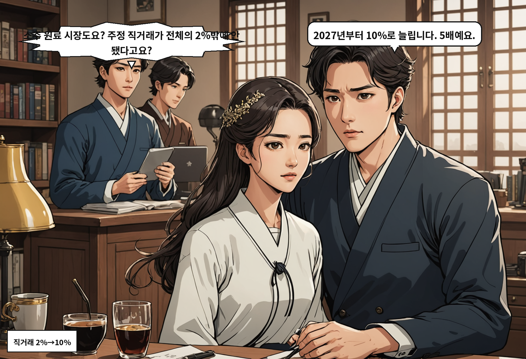 B: 소주 원료 시장도요? 주정 직거래가 전체의 2%밖에 안 됐다고요? A: 2027년부터 10%로 늘립니다. 5배예요.