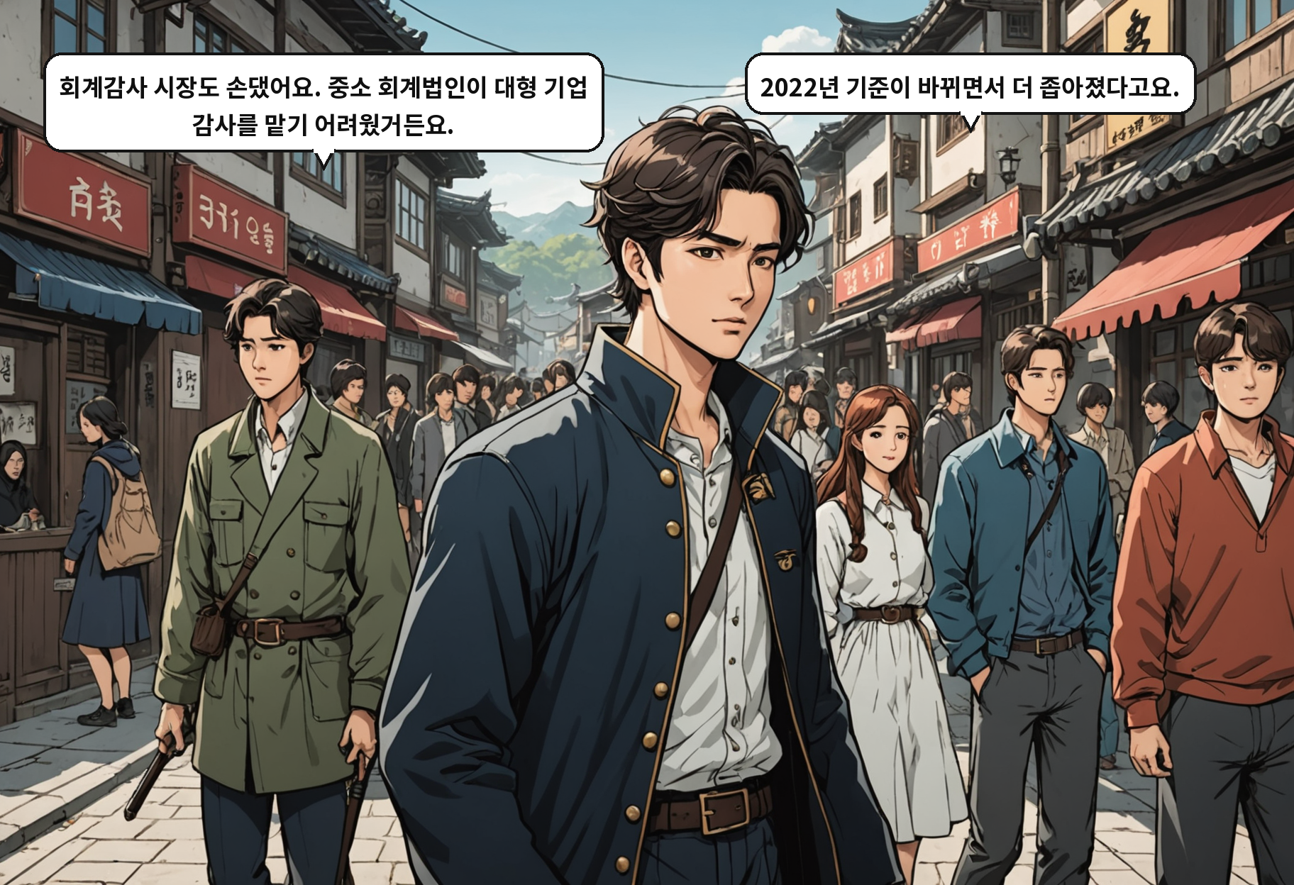 A: 회계감사 시장도 손댔어요. 중소 회계법인이 대형 기업 감사를 맡기 어려웠거든요. B: 2022년 기준이 바뀌면서 더 좁아졌다고요.
