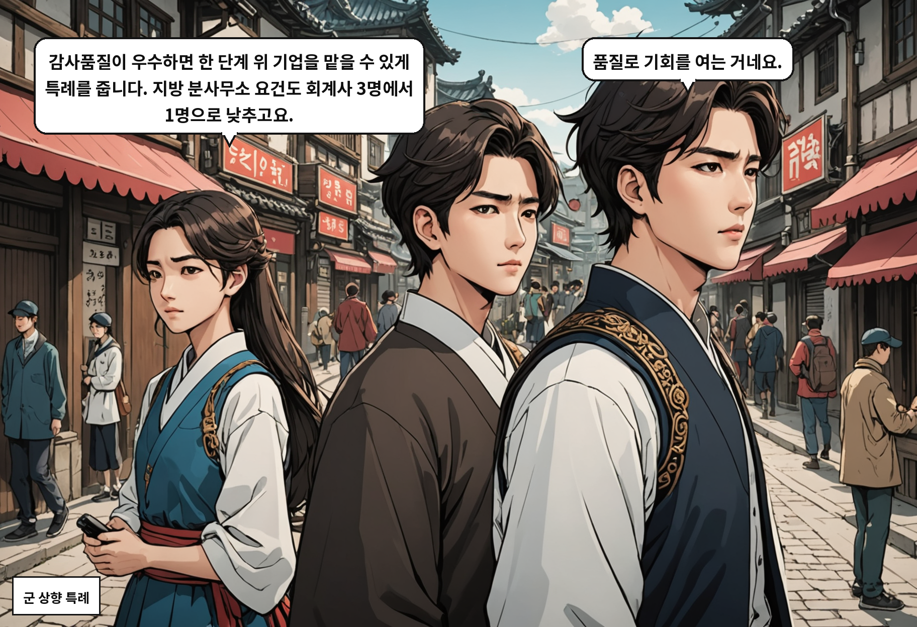 A: 감사품질이 우수하면 한 단계 위 기업을 맡을 수 있게 특례를 줍니다. 지방 분사무소 요건도 회계사 3명에서 1명으로 낮추고요. B: 품질로 기회를 여는 거네요.