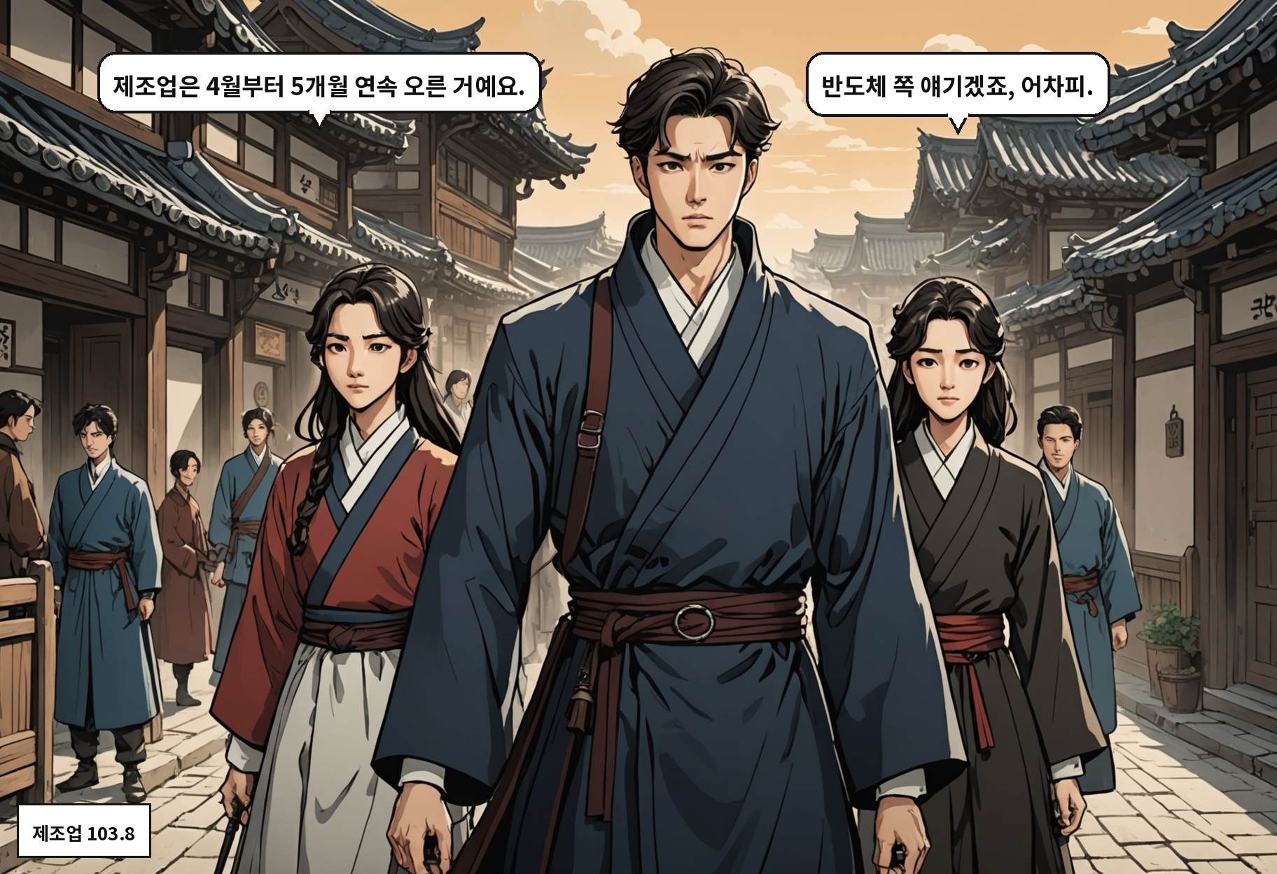 A: 제조업은 4월부터 5개월 연속 오른 거예요. B: 반도체 쪽 얘기겠죠, 어차피.