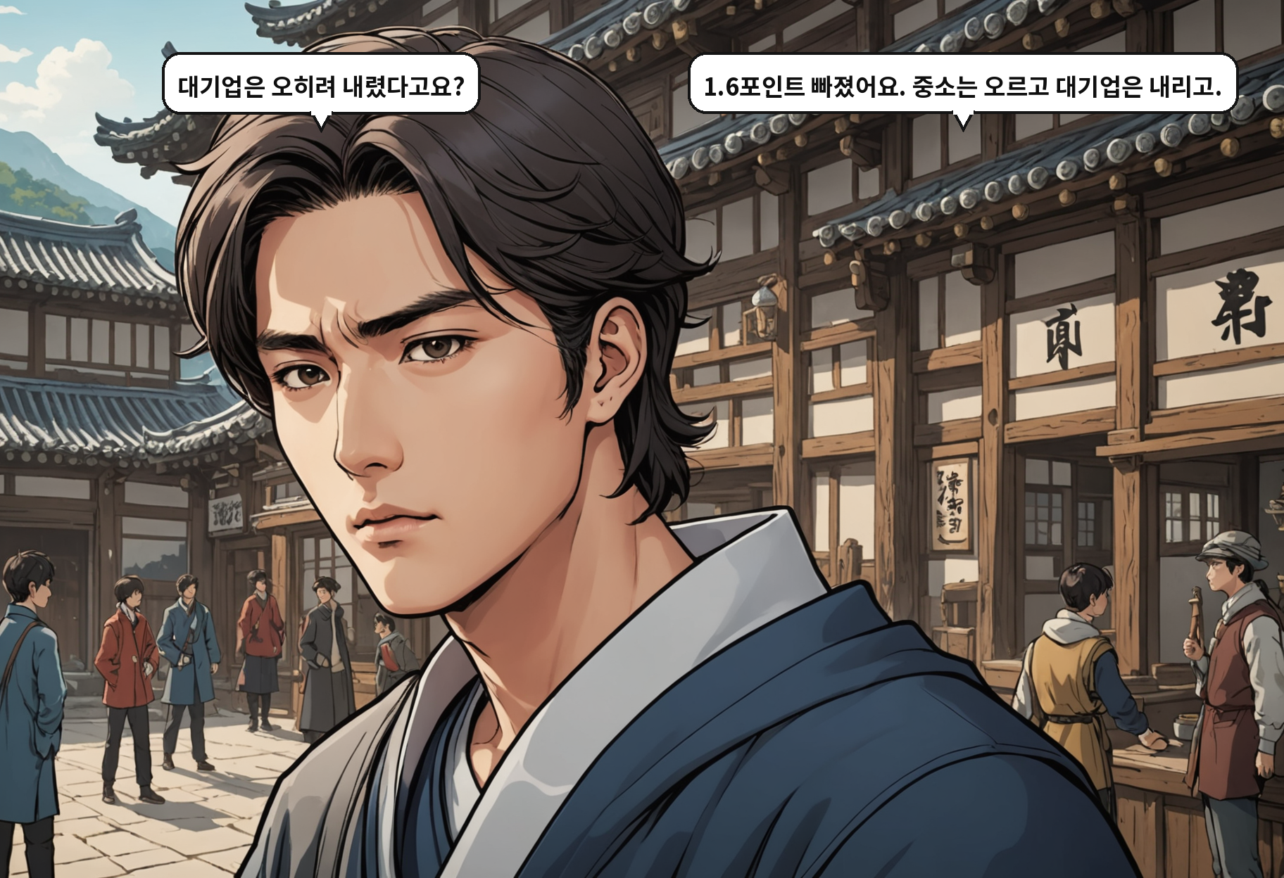 B: 대기업은 오히려 내렸다고요? A: 1.6포인트 빠졌어요. 중소는 오르고 대기업은 내리고.
