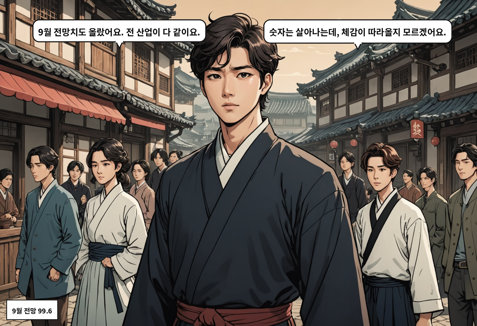 A: 9월 전망치도 올랐어요. 전 산업이 다 같이요. B: 숫자는 살아나는데, 체감이 따라올지 모르겠어요.