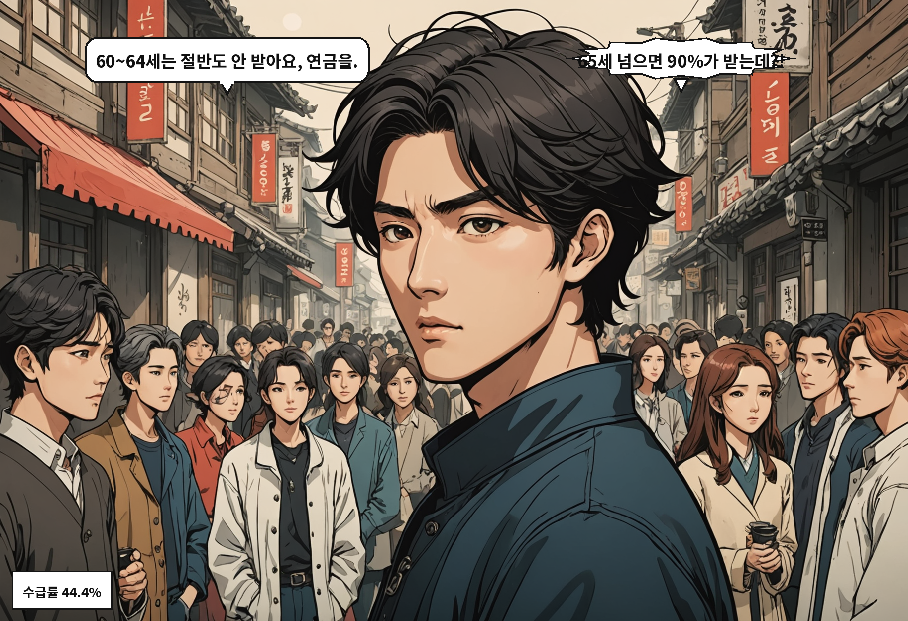 A: 60~64세는 절반도 안 받아요, 연금을. B: 65세 넘으면 90%가 받는데?!