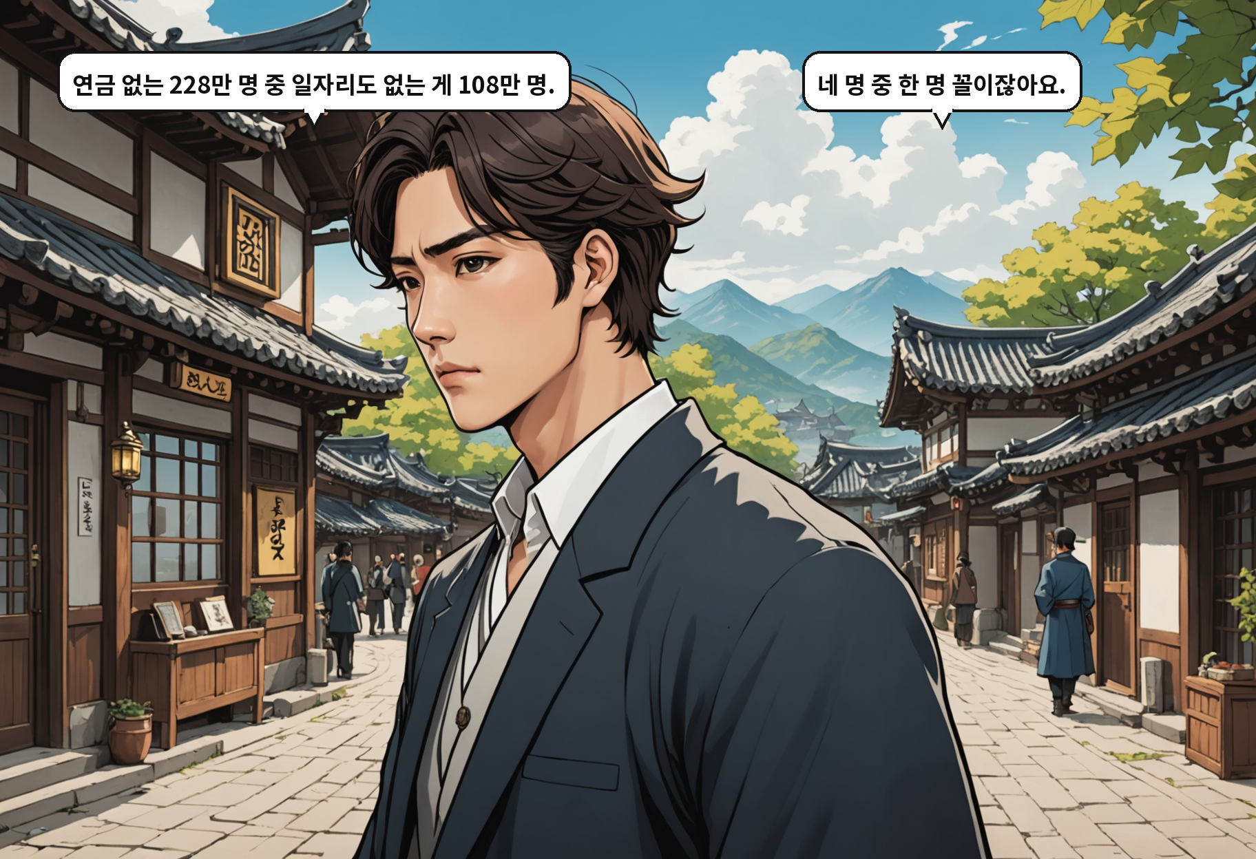 A: 연금 없는 228만 명 중 일자리도 없는 게 108만 명. B: 네 명 중 한 명 꼴이잖아요.