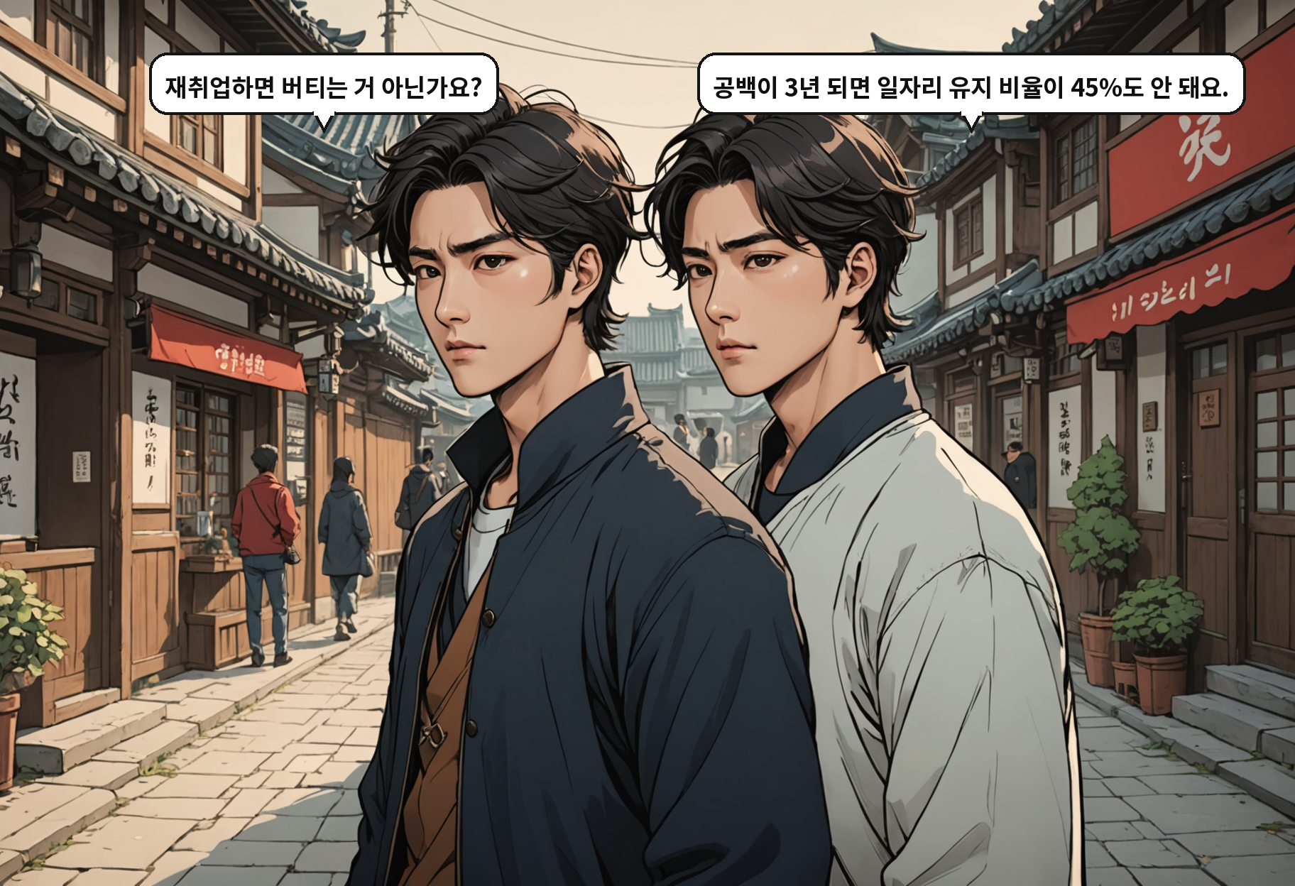 B: 재취업하면 버티는 거 아닌가요? A: 공백이 3년 되면 일자리 유지 비율이 45%도 안 돼요.