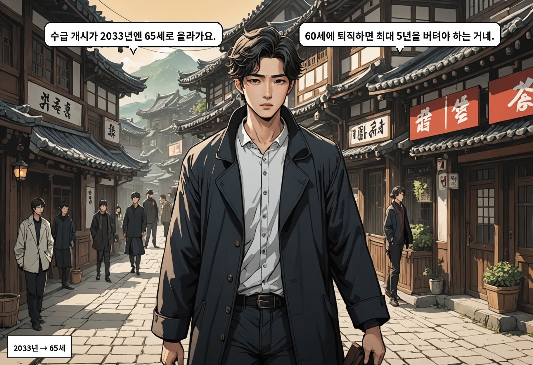 A: 수급 개시가 2033년엔 65세로 올라가요. B: 60세에 퇴직하면 최대 5년을 버텨야 하는 거네.