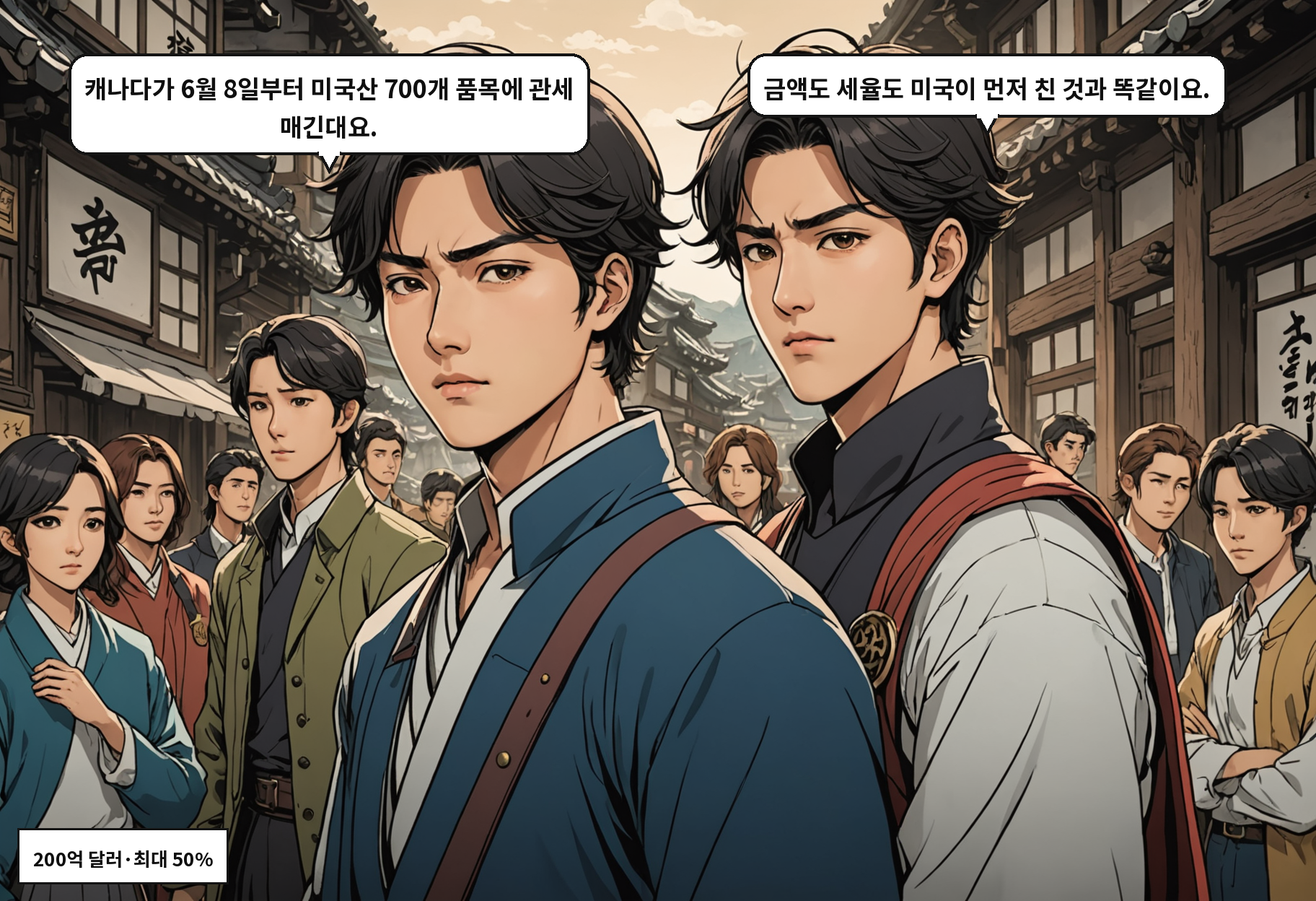 A: 캐나다가 6월 8일부터 미국산 700개 품목에 관세 매긴대요. B: 금액도 세율도 미국이 먼저 친 것과 똑같이요.