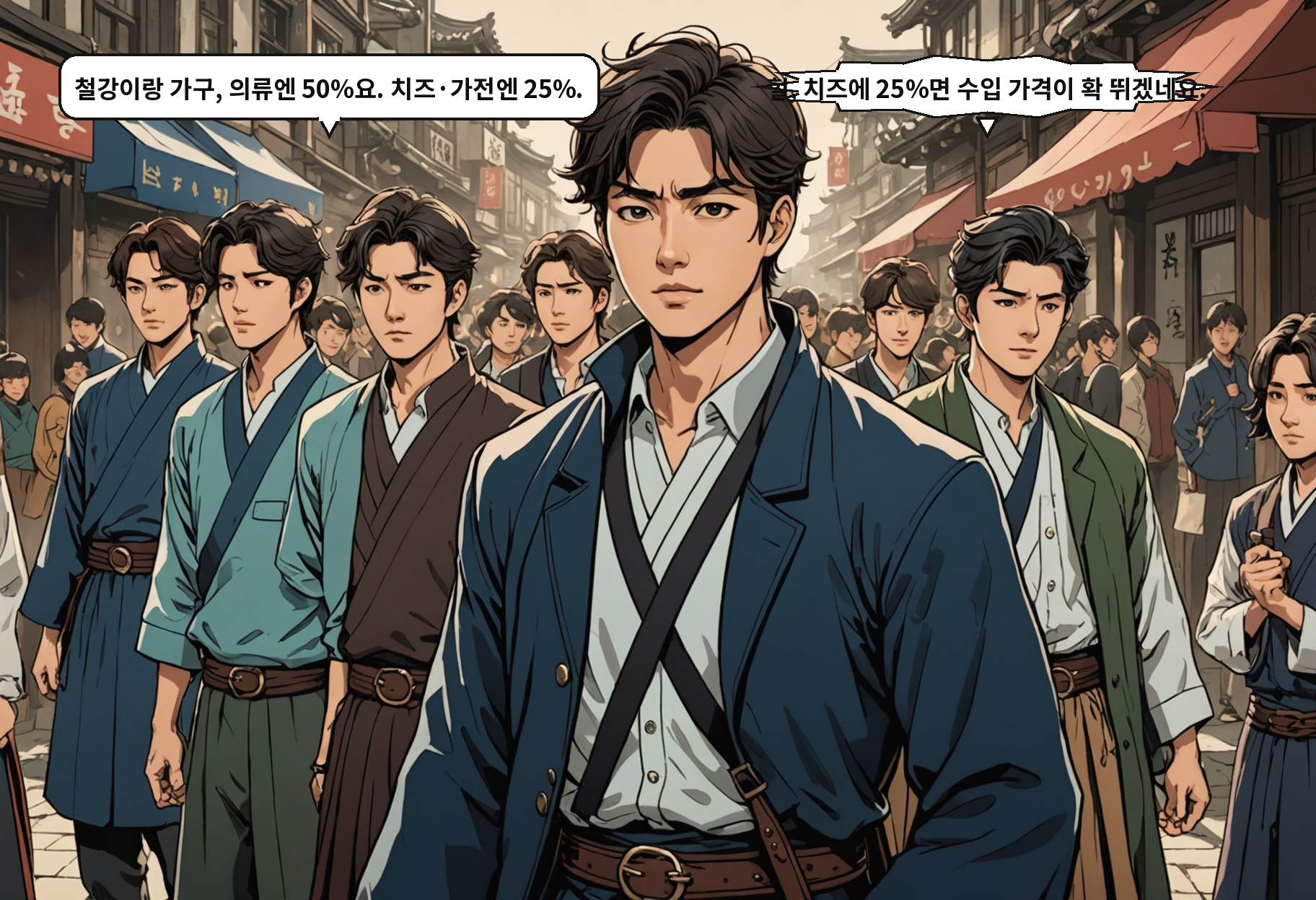 A: 철강이랑 가구, 의류엔 50%요. 치즈·가전엔 25%. B: 헐, 치즈에 25%면 수입 가격이 확 뛰겠네요.