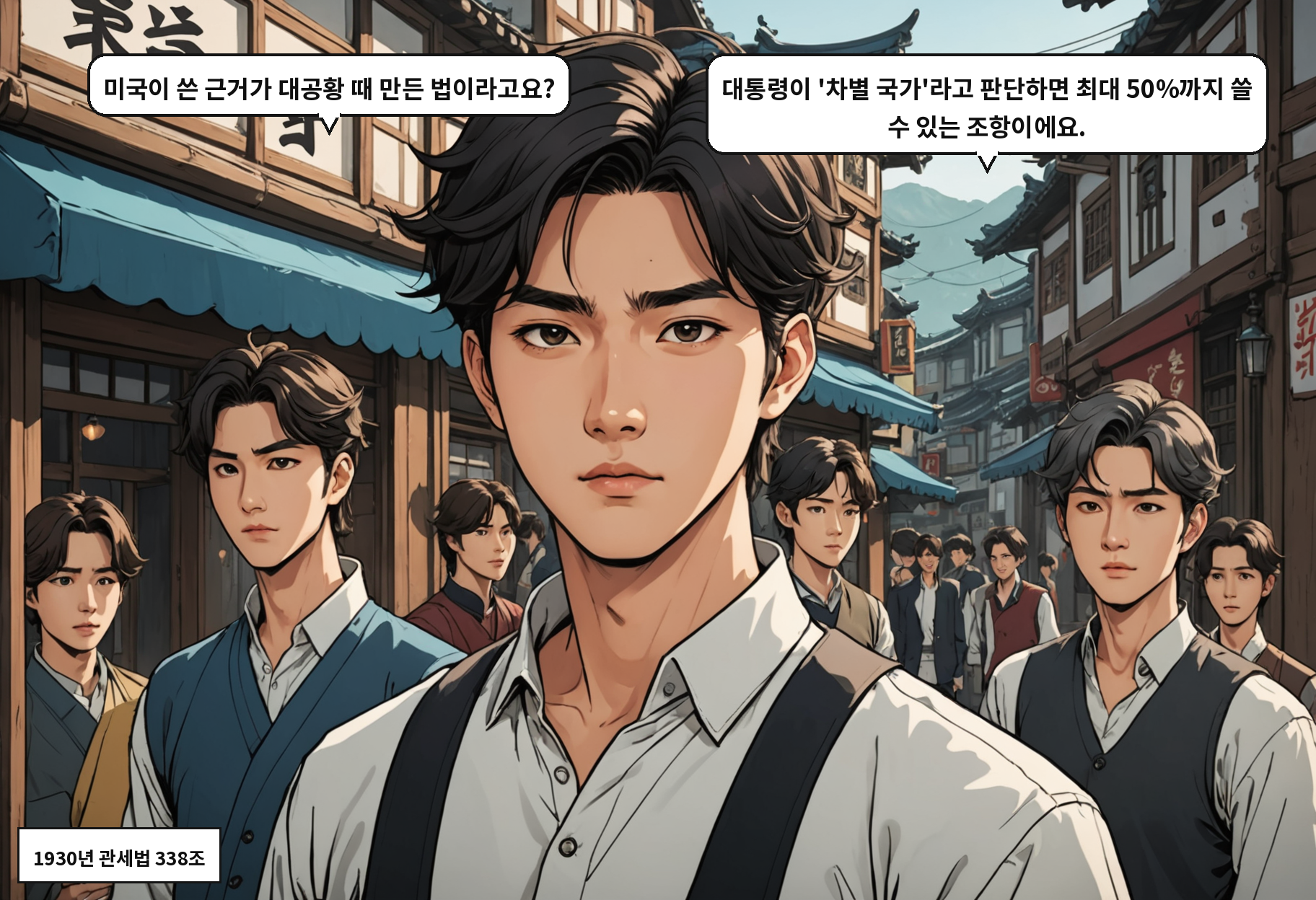 B: 미국이 쓴 근거가 대공황 때 만든 법이라고요? A: 대통령이 '차별 국가'라고 판단하면 최대 50%까지 쓸 수 있는 조항이에요.