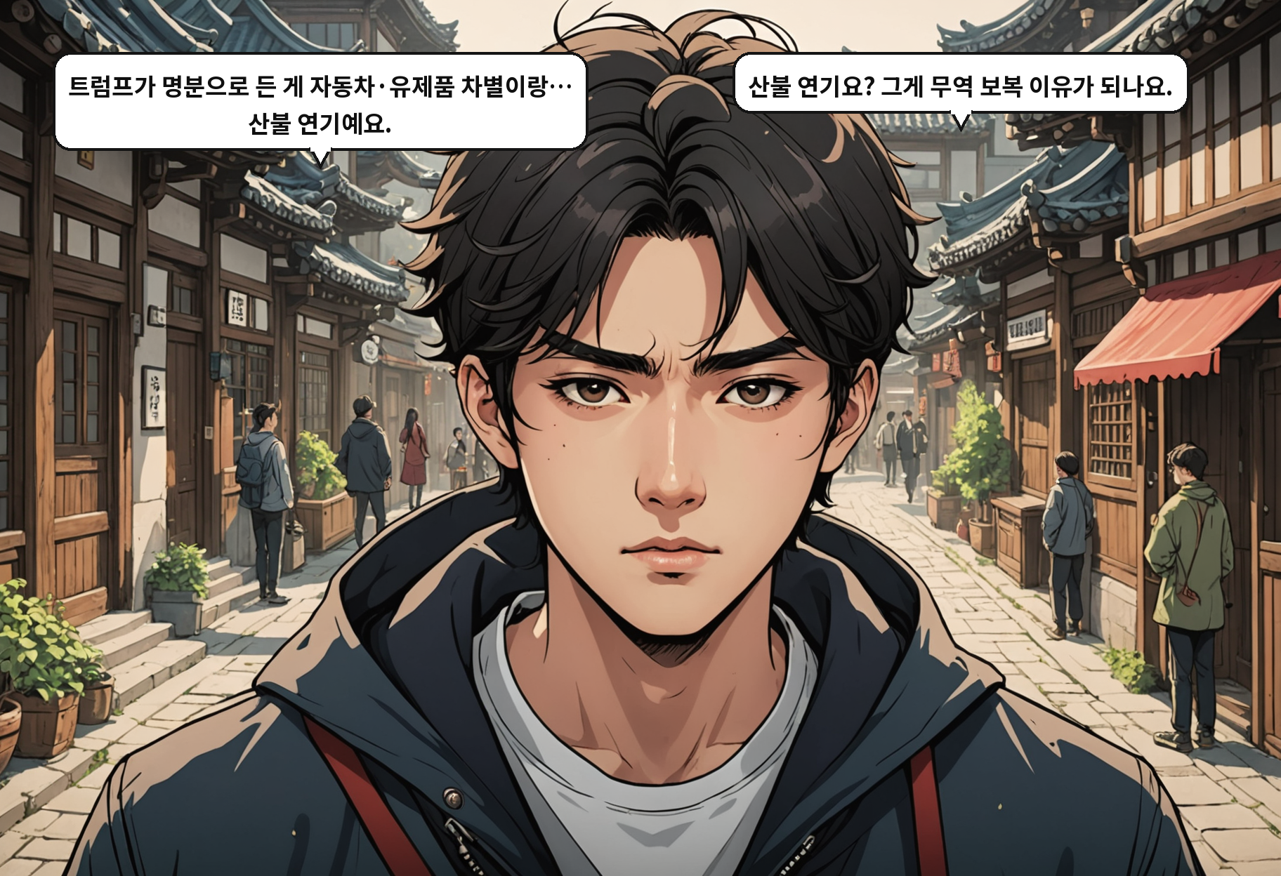 A: 트럼프가 명분으로 든 게 자동차·유제품 차별이랑… 산불 연기예요. B: 산불 연기요? 그게 무역 보복 이유가 되나요.