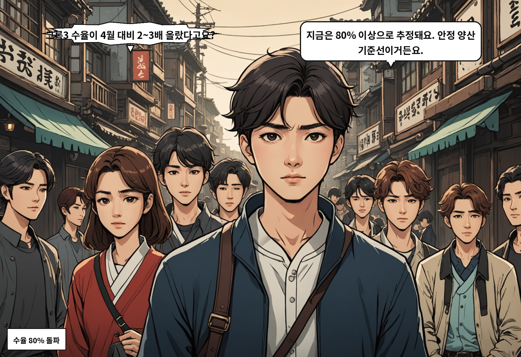 A: 그록3 수율이 4월 대비 2~3배 올랐다고요? B: 지금은 80% 이상으로 추정돼요. 안정 양산 기준선이거든요.