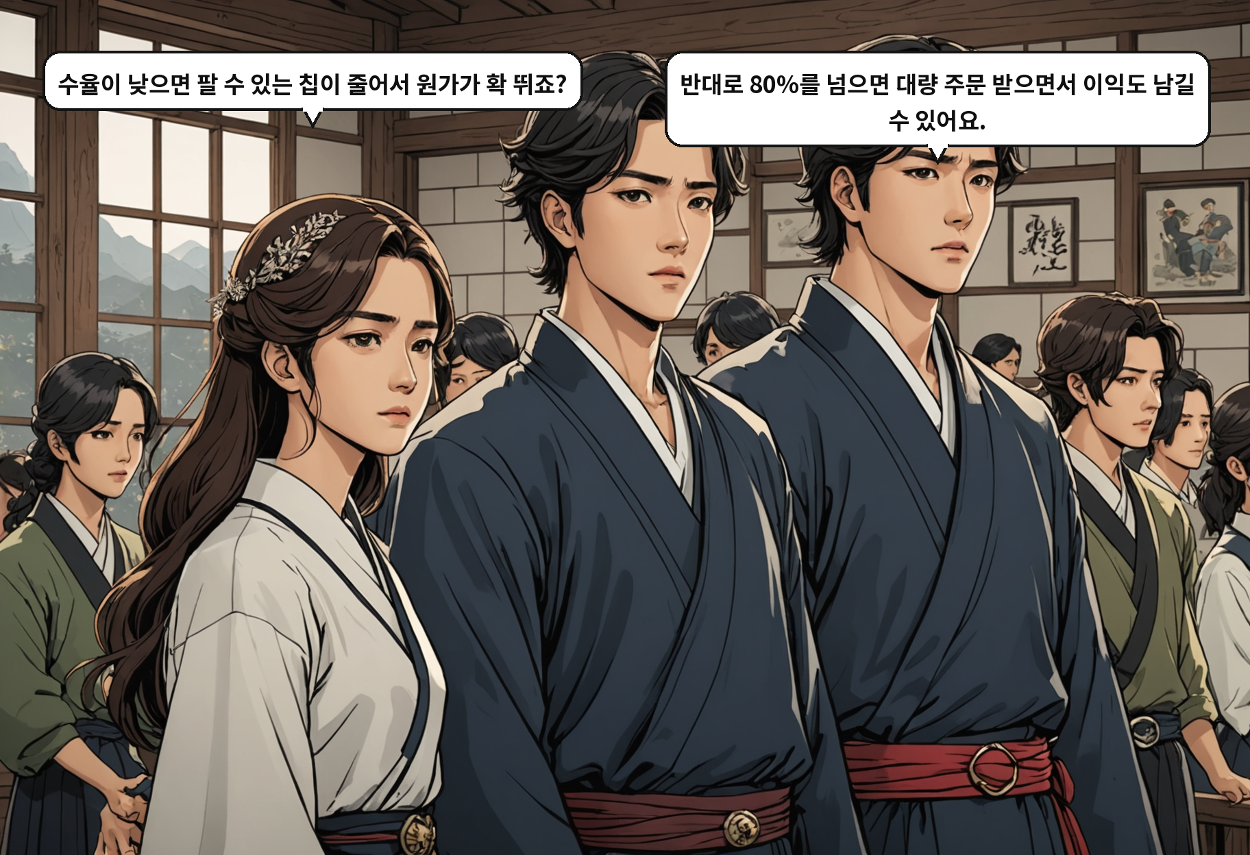A: 수율이 낮으면 팔 수 있는 칩이 줄어서 원가가 확 뛰죠? B: 반대로 80%를 넘으면 대량 주문 받으면서 이익도 남길 수 있어요.