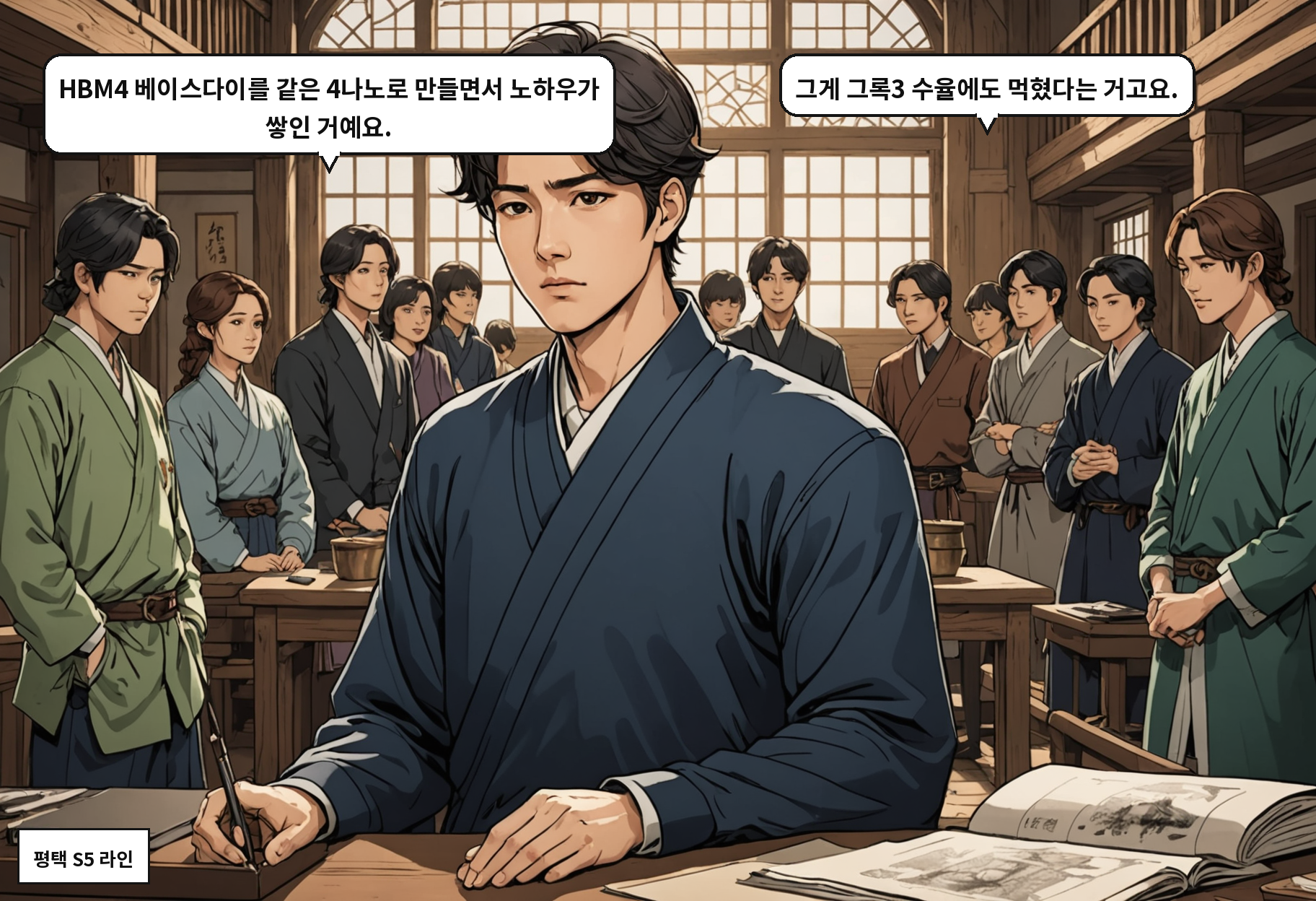 B: HBM4 베이스다이를 같은 4나노로 만들면서 노하우가 쌓인 거예요. A: 그게 그록3 수율에도 먹혔다는 거고요.