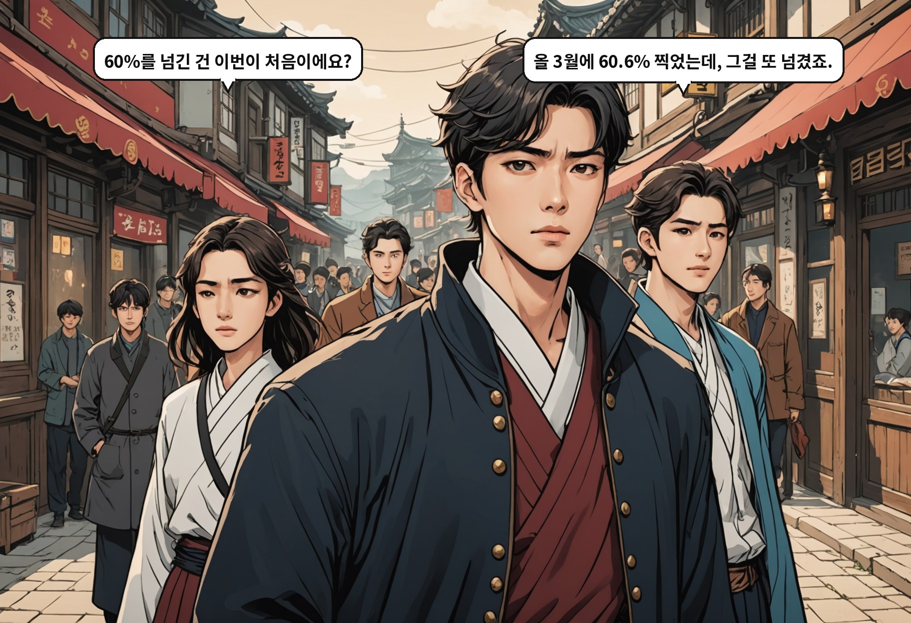 A: 60%를 넘긴 건 이번이 처음이에요? B: 올 3월에 60.6% 찍었는데, 그걸 또 넘겼죠.