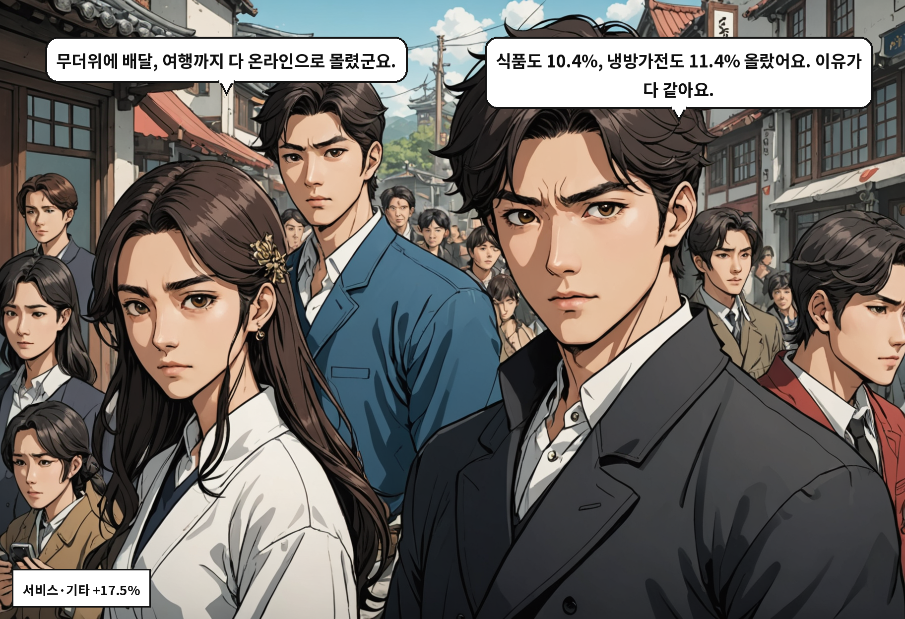 A: 무더위에 배달, 여행까지 다 온라인으로 몰렸군요. B: 식품도 10.4%, 냉방가전도 11.4% 올랐어요. 이유가 다 같아요.