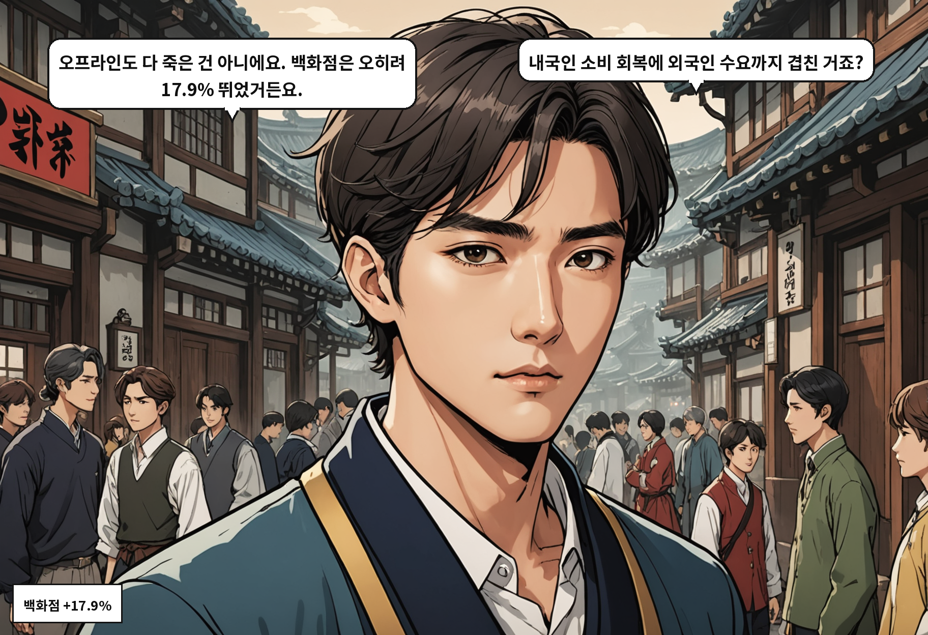 B: 오프라인도 다 죽은 건 아니에요. 백화점은 오히려 17.9% 뛰었거든요. A: 내국인 소비 회복에 외국인 수요까지 겹친 거죠?