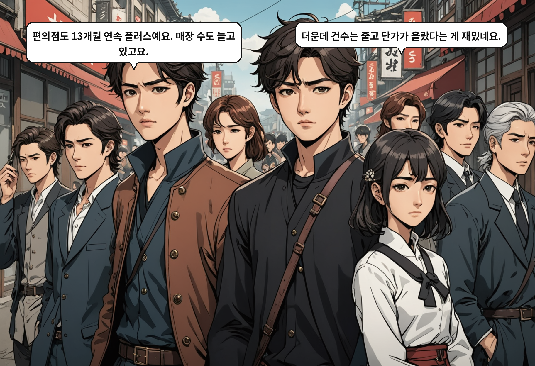 B: 편의점도 13개월 연속 플러스예요. 매장 수도 늘고 있고요. A: 더운데 건수는 줄고 단가가 올랐다는 게 재밌네요.