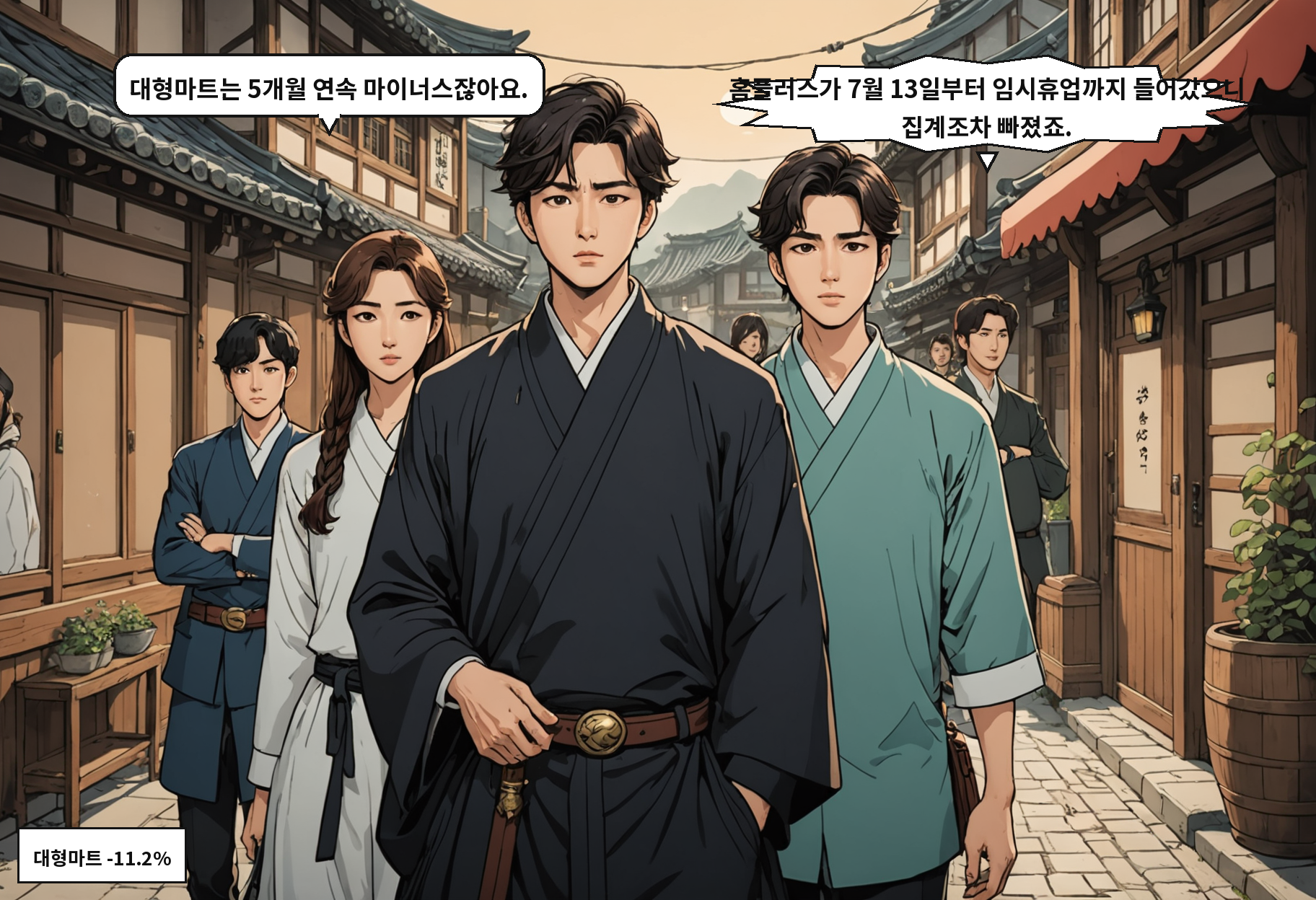 A: 대형마트는 5개월 연속 마이너스잖아요. B: 홈플러스가 7월 13일부터 임시휴업까지 들어갔으니 집계조차 빠졌죠.