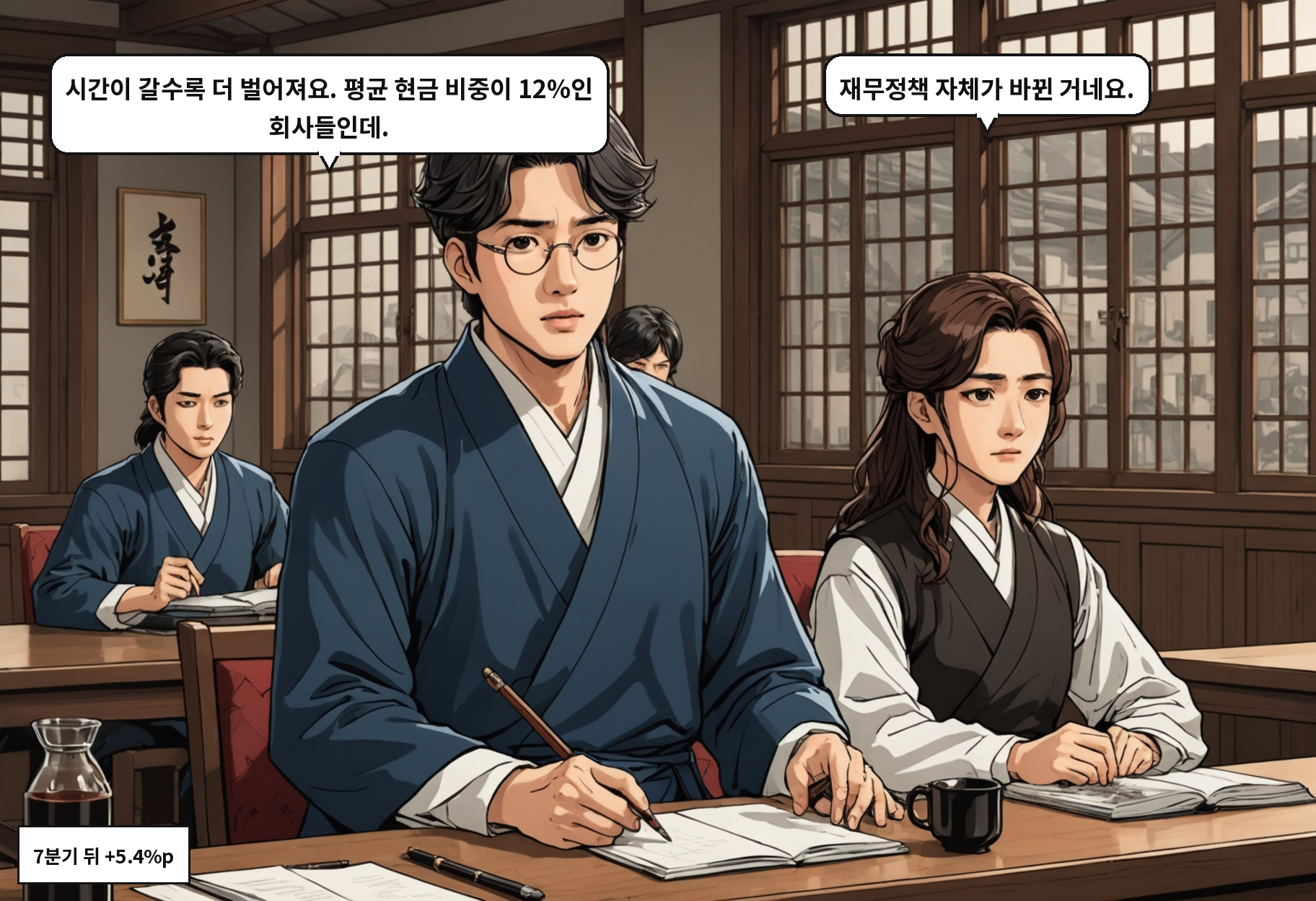A: 시간이 갈수록 더 벌어져요. 평균 현금 비중이 12%인 회사들인데. B: 재무정책 자체가 바뀐 거네요.