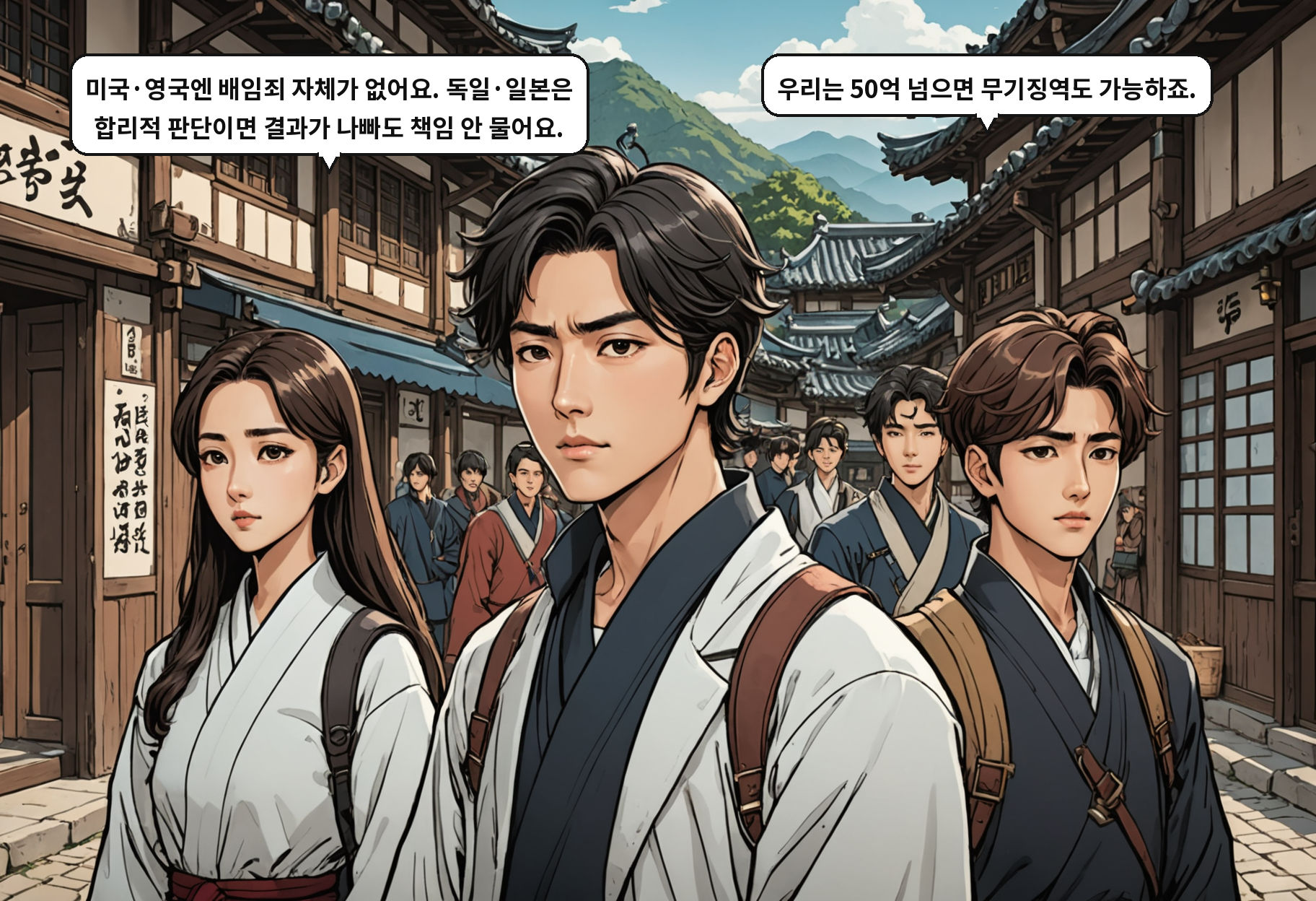 A: 미국·영국엔 배임죄 자체가 없어요. 독일·일본은 합리적 판단이면 결과가 나빠도 책임 안 물어요. B: 우리는 50억 넘으면 무기징역도 가능하죠.