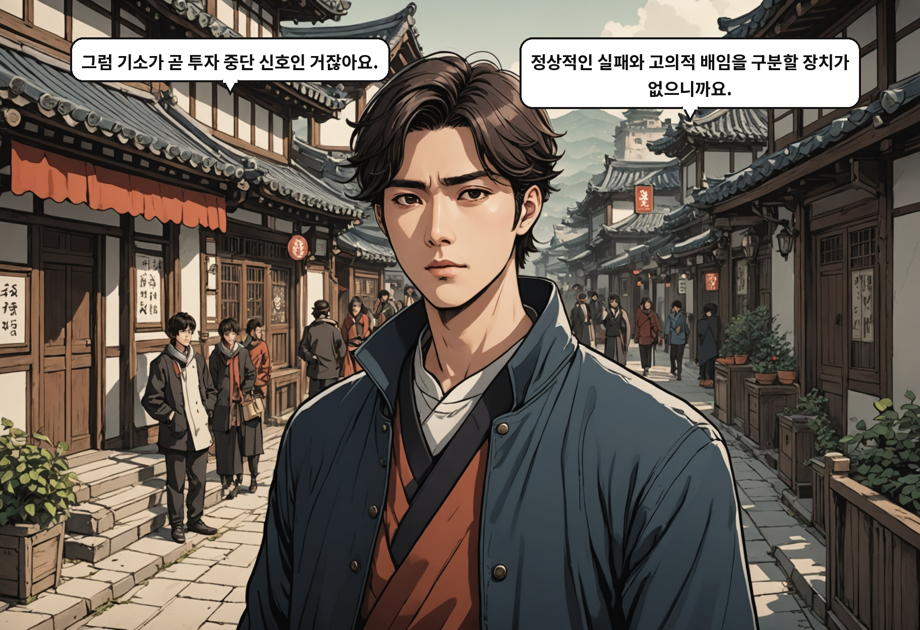 B: 그럼 기소가 곧 투자 중단 신호인 거잖아요. A: 정상적인 실패와 고의적 배임을 구분할 장치가 없으니까요.