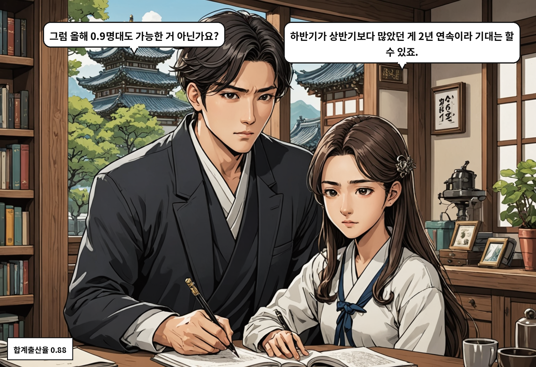 A: 그럼 올해 0.9명대도 가능한 거 아닌가요? B: 하반기가 상반기보다 많았던 게 2년 연속이라 기대는 할 수 있죠.