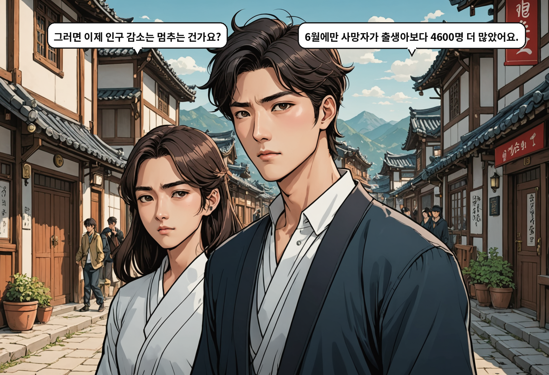 A: 그러면 이제 인구 감소는 멈추는 건가요? B: 6월에만 사망자가 출생아보다 4600명 더 많았어요.