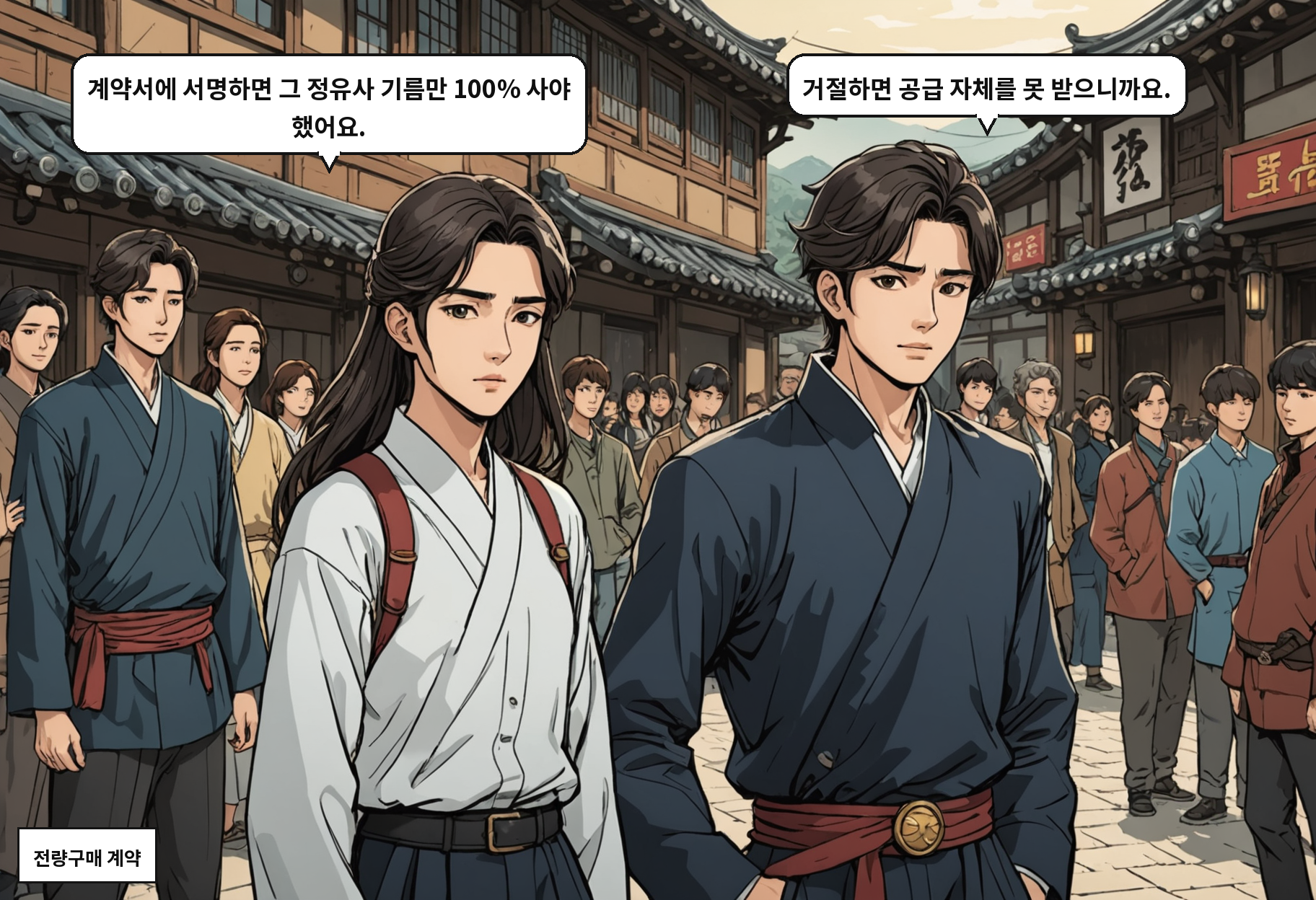 A: 계약서에 서명하면 그 정유사 기름만 100% 사야 했어요. B: 거절하면 공급 자체를 못 받으니까요.