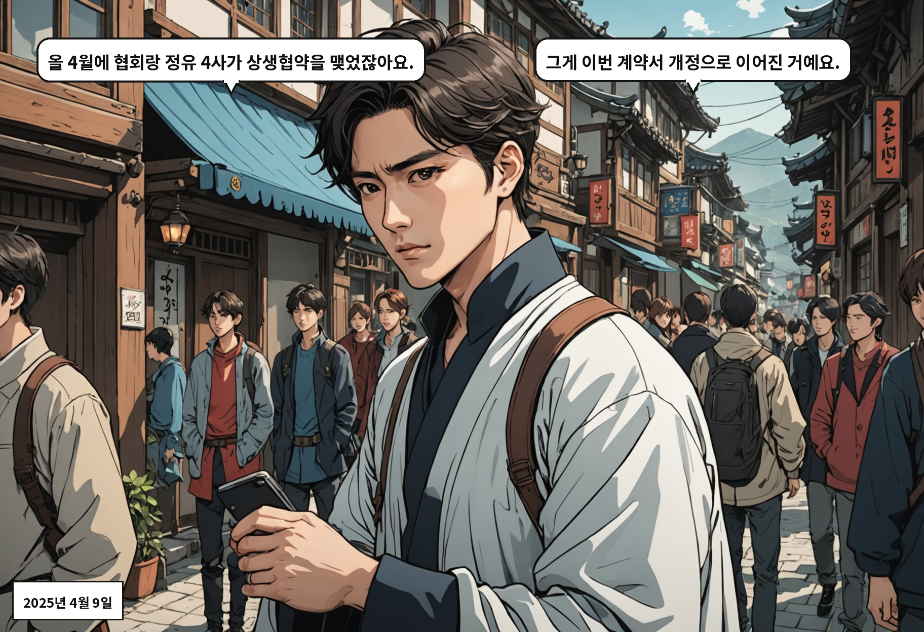 A: 올 4월에 협회랑 정유 4사가 상생협약을 맺었잖아요. B: 그게 이번 계약서 개정으로 이어진 거예요.