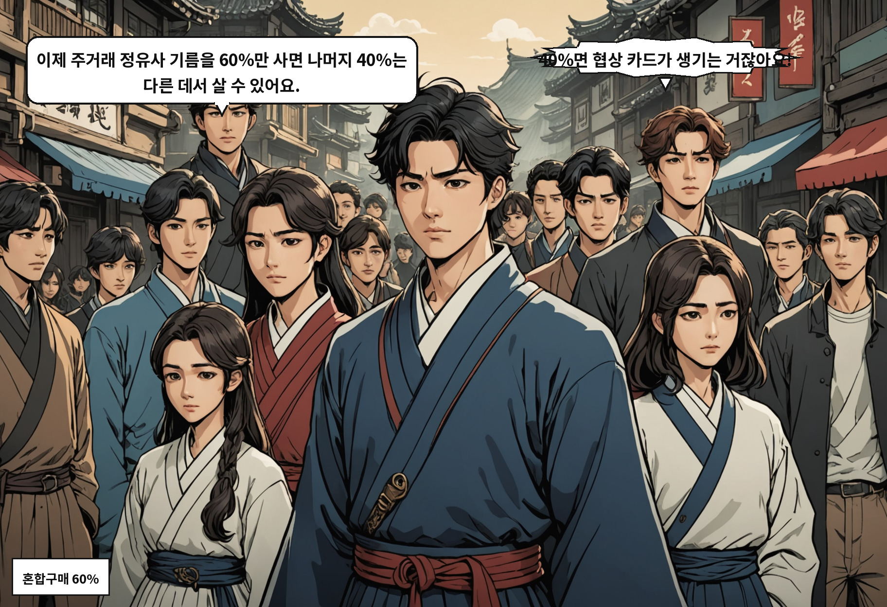 B: 이제 주거래 정유사 기름을 60%만 사면 나머지 40%는 다른 데서 살 수 있어요. A: 40%면 협상 카드가 생기는 거잖아요!