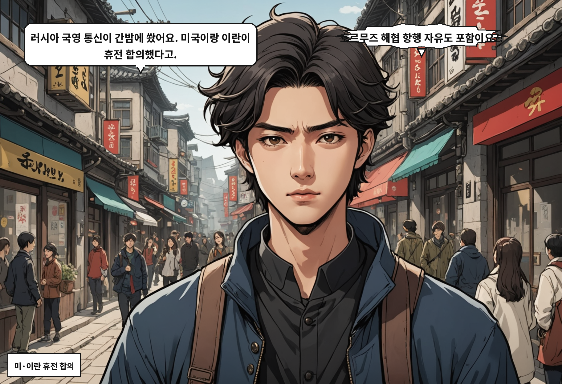 B: 러시아 국영 통신이 간밤에 쐈어요. 미국이랑 이란이 휴전 합의했다고. A: 호르무즈 해협 항행 자유도 포함이요?!