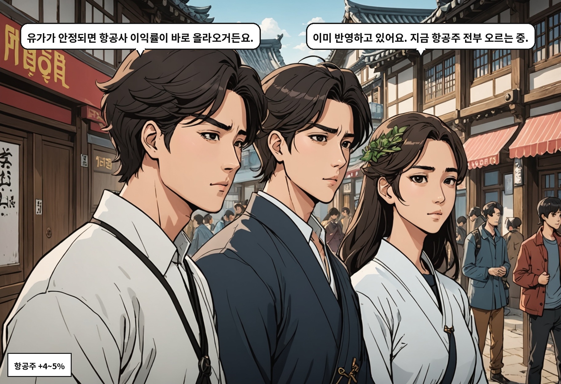 A: 유가가 안정되면 항공사 이익률이 바로 올라오거든요. B: 이미 반영하고 있어요. 지금 항공주 전부 오르는 중.
