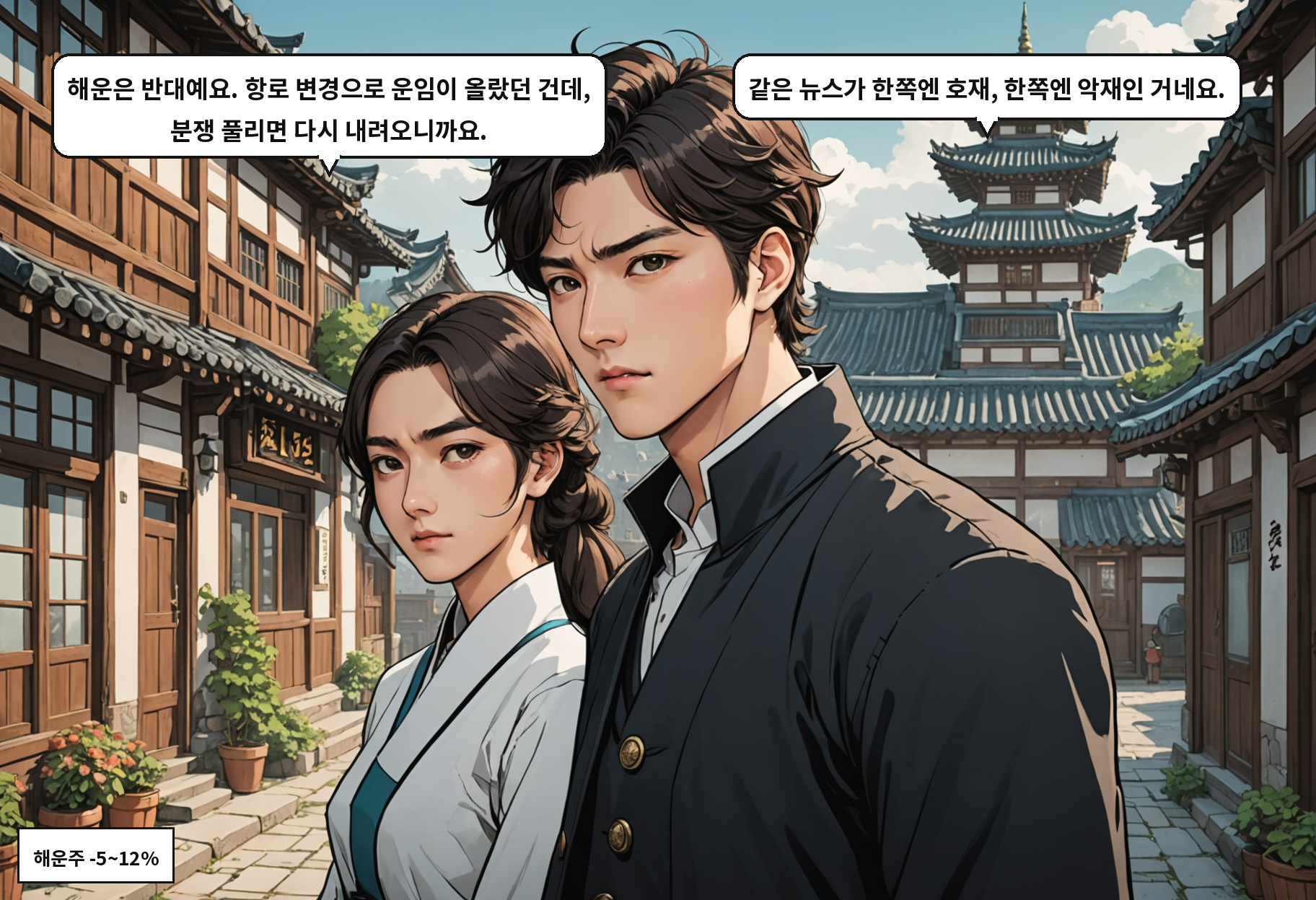 B: 해운은 반대예요. 항로 변경으로 운임이 올랐던 건데, 분쟁 풀리면 다시 내려오니까요. A: 같은 뉴스가 한쪽엔 호재, 한쪽엔 악재인 거네요.