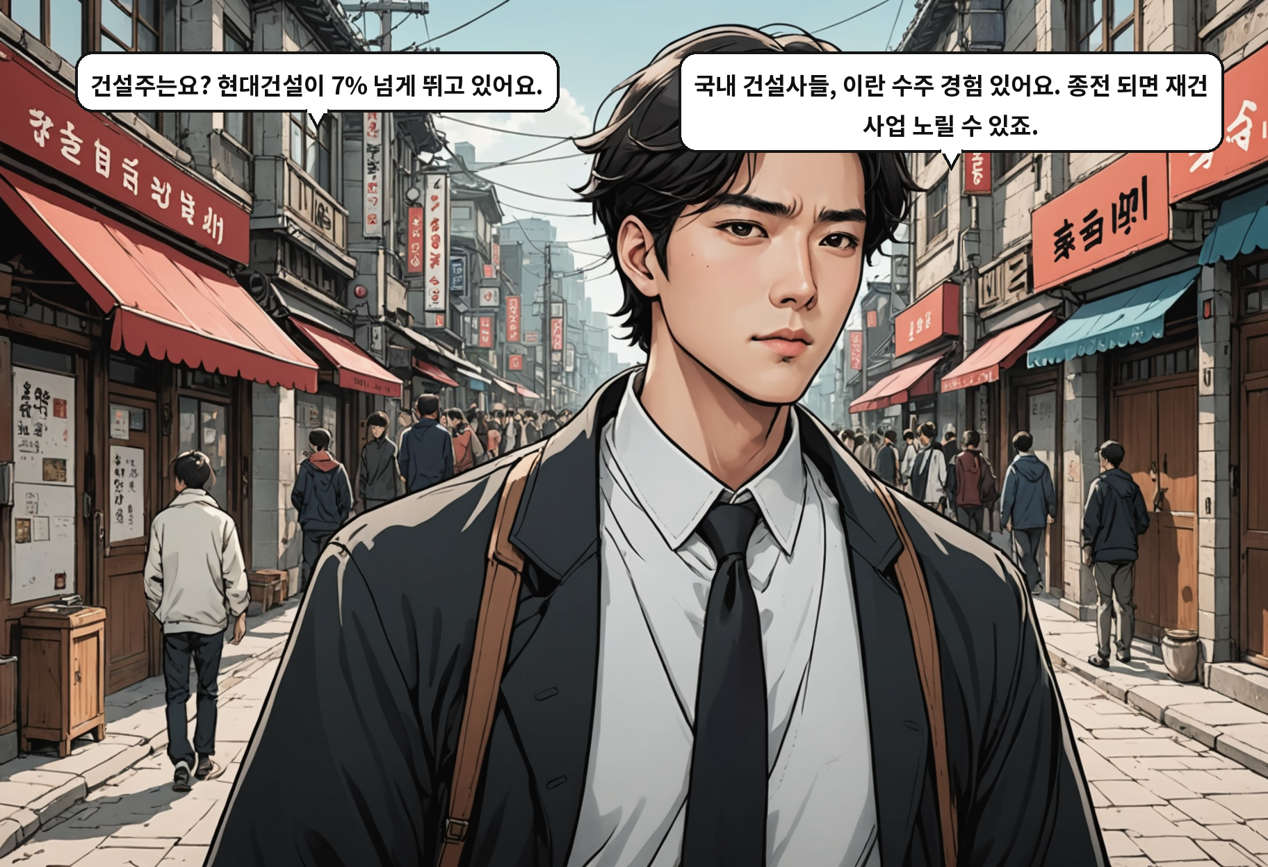 A: 건설주는요? 현대건설이 7% 넘게 뛰고 있어요. B: 국내 건설사들, 이란 수주 경험 있어요. 종전 되면 재건 사업 노릴 수 있죠.
