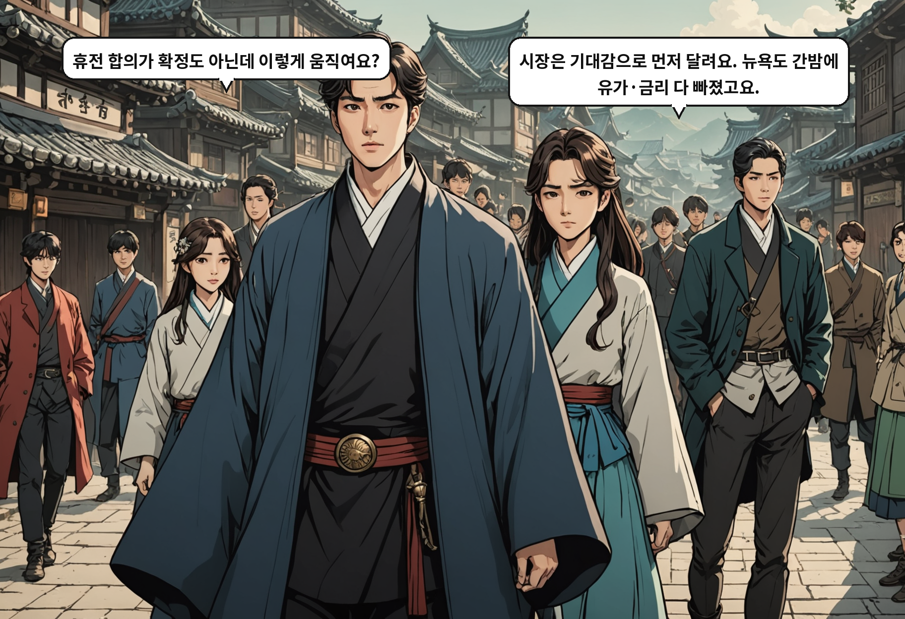 A: 휴전 합의가 확정도 아닌데 이렇게 움직여요? B: 시장은 기대감으로 먼저 달려요. 뉴욕도 간밤에 유가·금리 다 빠졌고요.