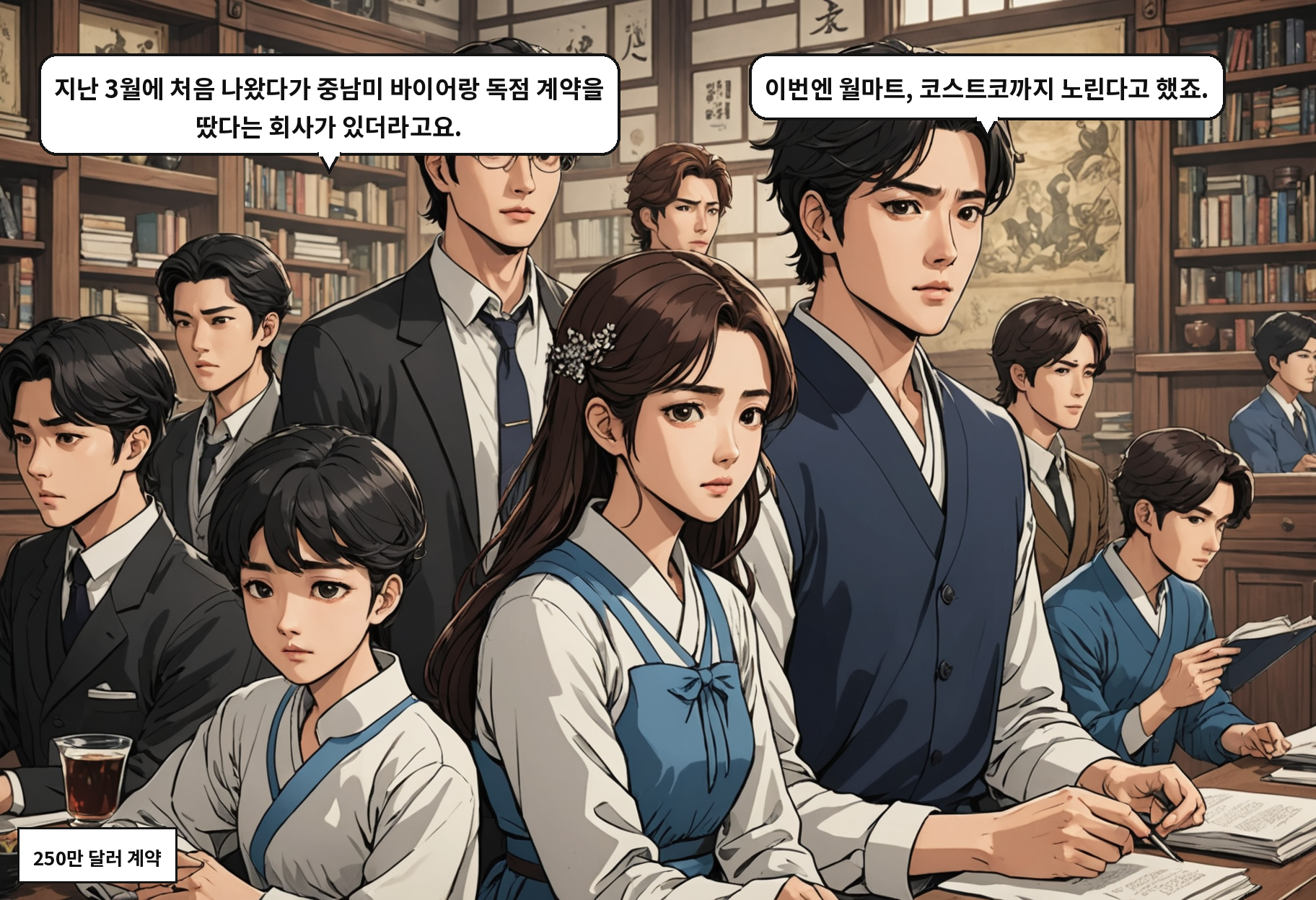 A: 지난 3월에 처음 나왔다가 중남미 바이어랑 독점 계약을 땄다는 회사가 있더라고요. B: 이번엔 월마트, 코스트코까지 노린다고 했죠.