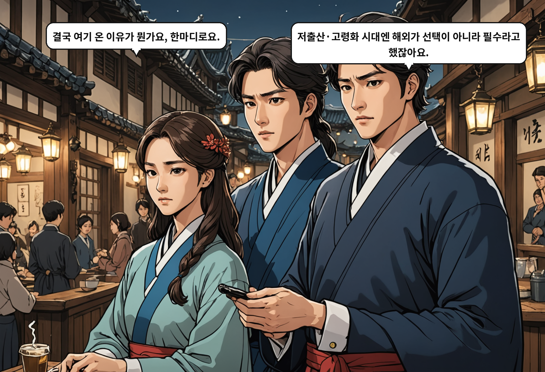 A: 결국 여기 온 이유가 뭔가요, 한마디로요. B: 저출산·고령화 시대엔 해외가 선택이 아니라 필수라고 했잖아요.