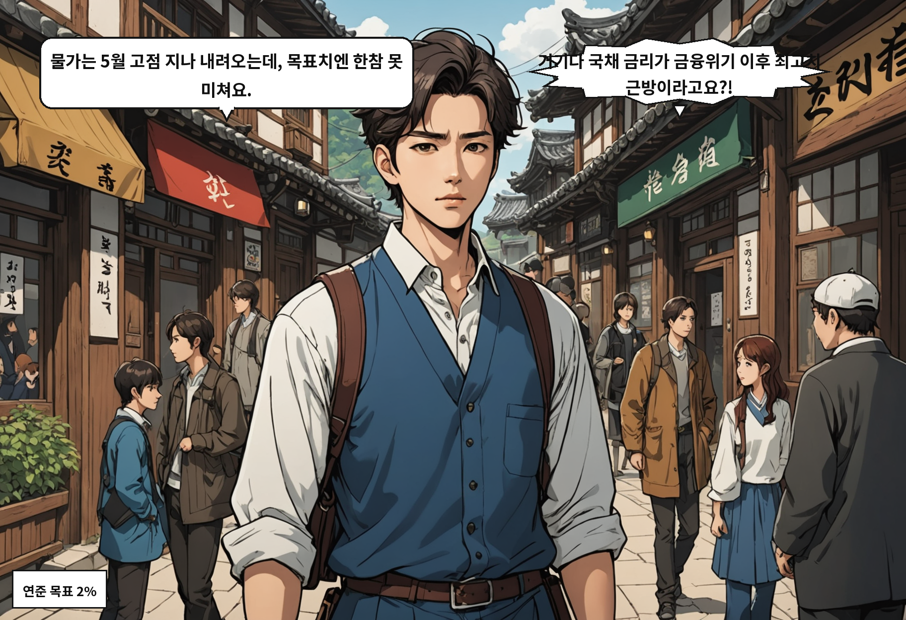 B: 물가는 5월 고점 지나 내려오는데, 목표치엔 한참 못 미쳐요. A: 거기다 국채 금리가 금융위기 이후 최고치 근방이라고요?!