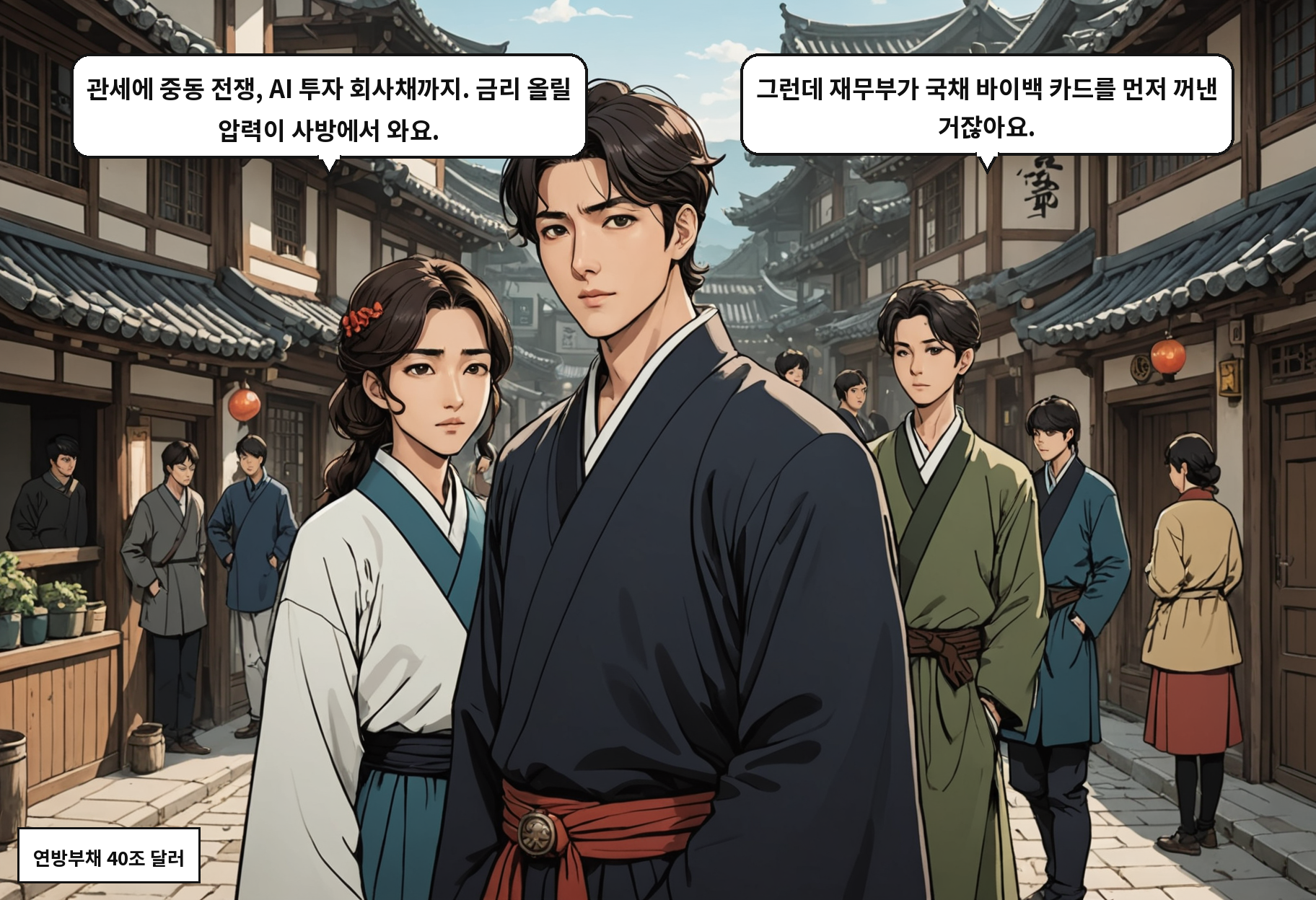 B: 관세에 중동 전쟁, AI 투자 회사채까지. 금리 올릴 압력이 사방에서 와요. A: 그런데 재무부가 국채 바이백 카드를 먼저 꺼낸 거잖아요.