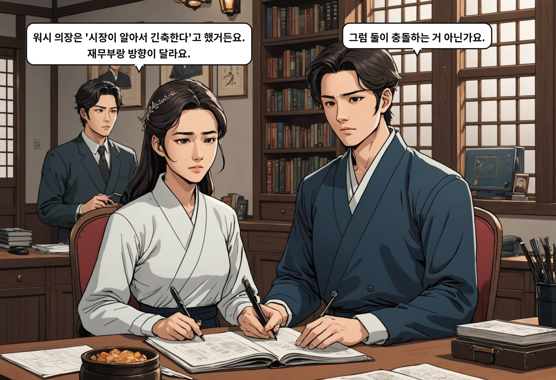 B: 워시 의장은 '시장이 알아서 긴축한다'고 했거든요. 재무부랑 방향이 달라요. A: 그럼 둘이 충돌하는 거 아닌가요.