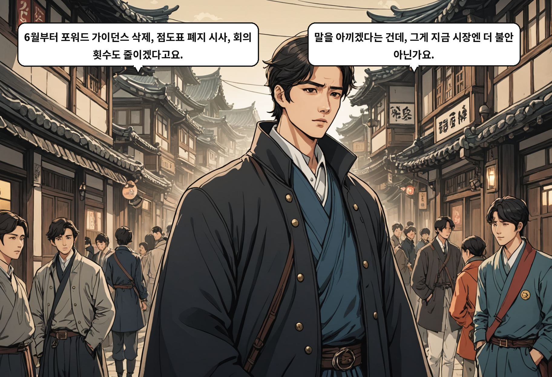 B: 6월부터 포워드 가이던스 삭제, 점도표 폐지 시사, 회의 횟수도 줄이겠다고요. A: 말을 아끼겠다는 건데, 그게 지금 시장엔 더 불안 아닌가요.