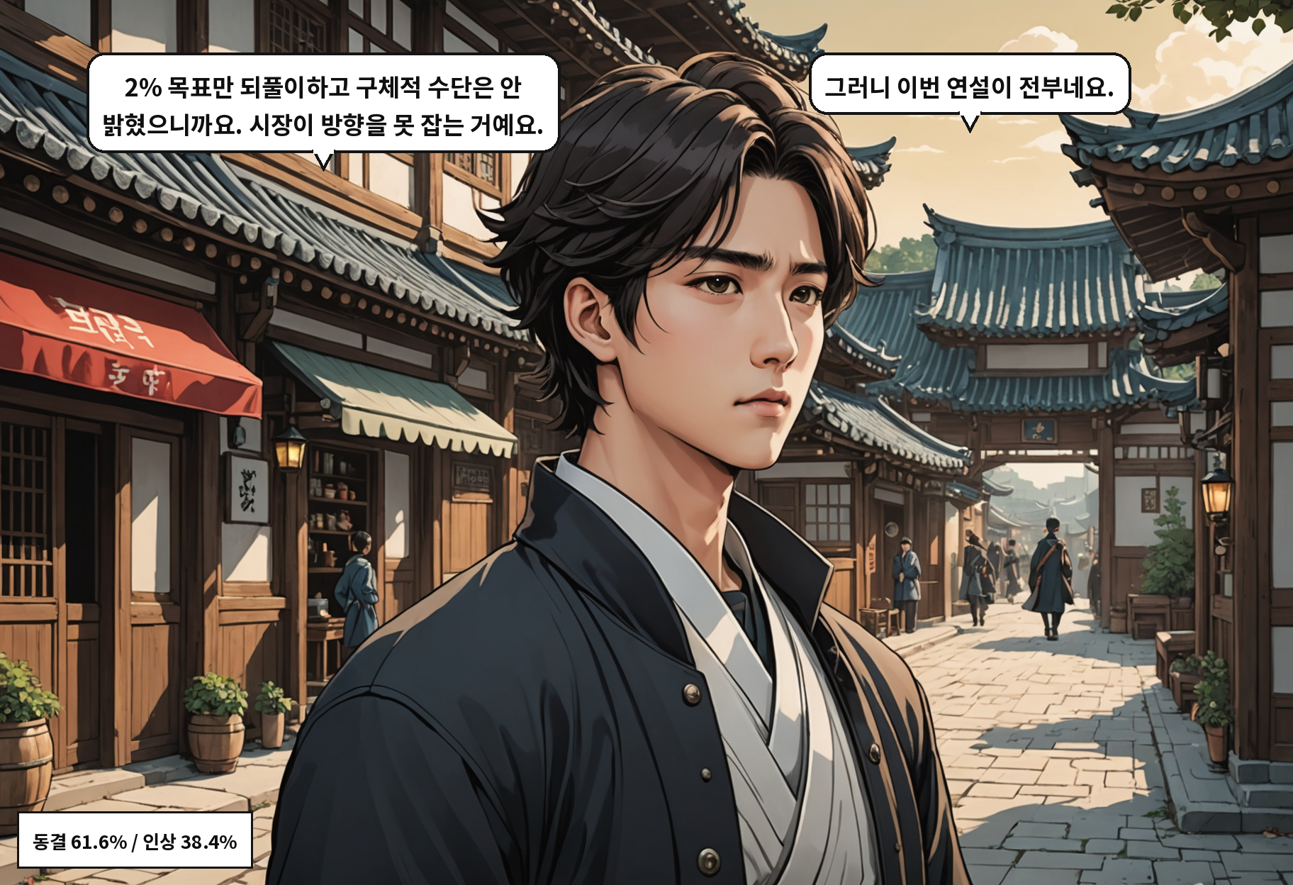 B: 2% 목표만 되풀이하고 구체적 수단은 안 밝혔으니까요. 시장이 방향을 못 잡는 거예요. A: 그러니 이번 연설이 전부네요.