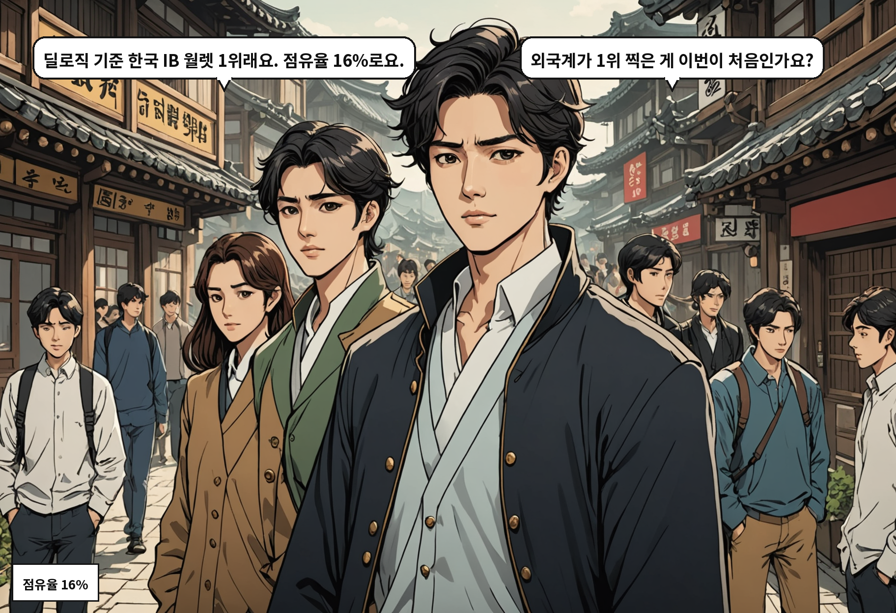 A: 딜로직 기준 한국 IB 월렛 1위래요. 점유율 16%로요. B: 외국계가 1위 찍은 게 이번이 처음인가요?