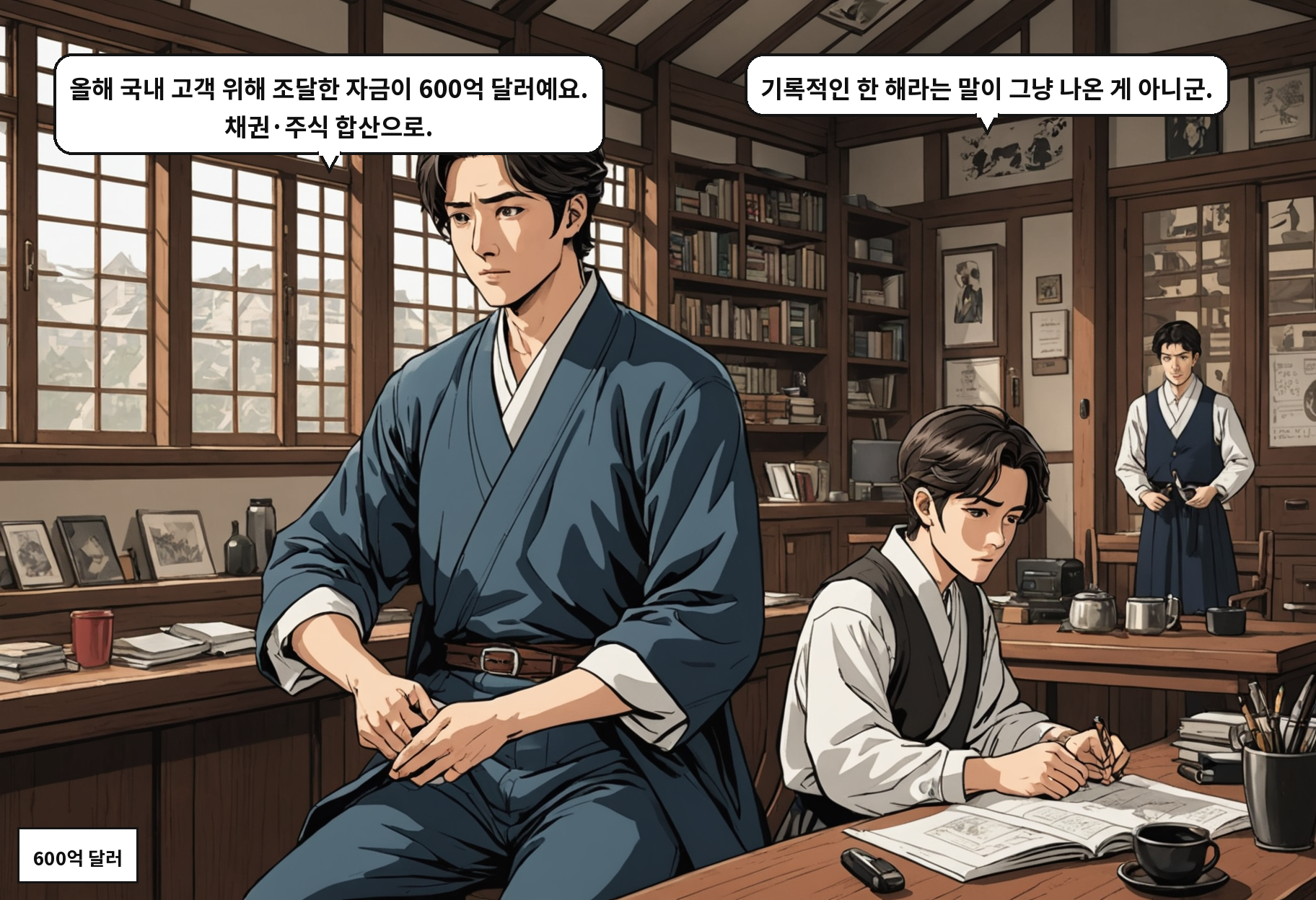 A: 올해 국내 고객 위해 조달한 자금이 600억 달러예요. 채권·주식 합산으로. B: 기록적인 한 해라는 말이 그냥 나온 게 아니군.