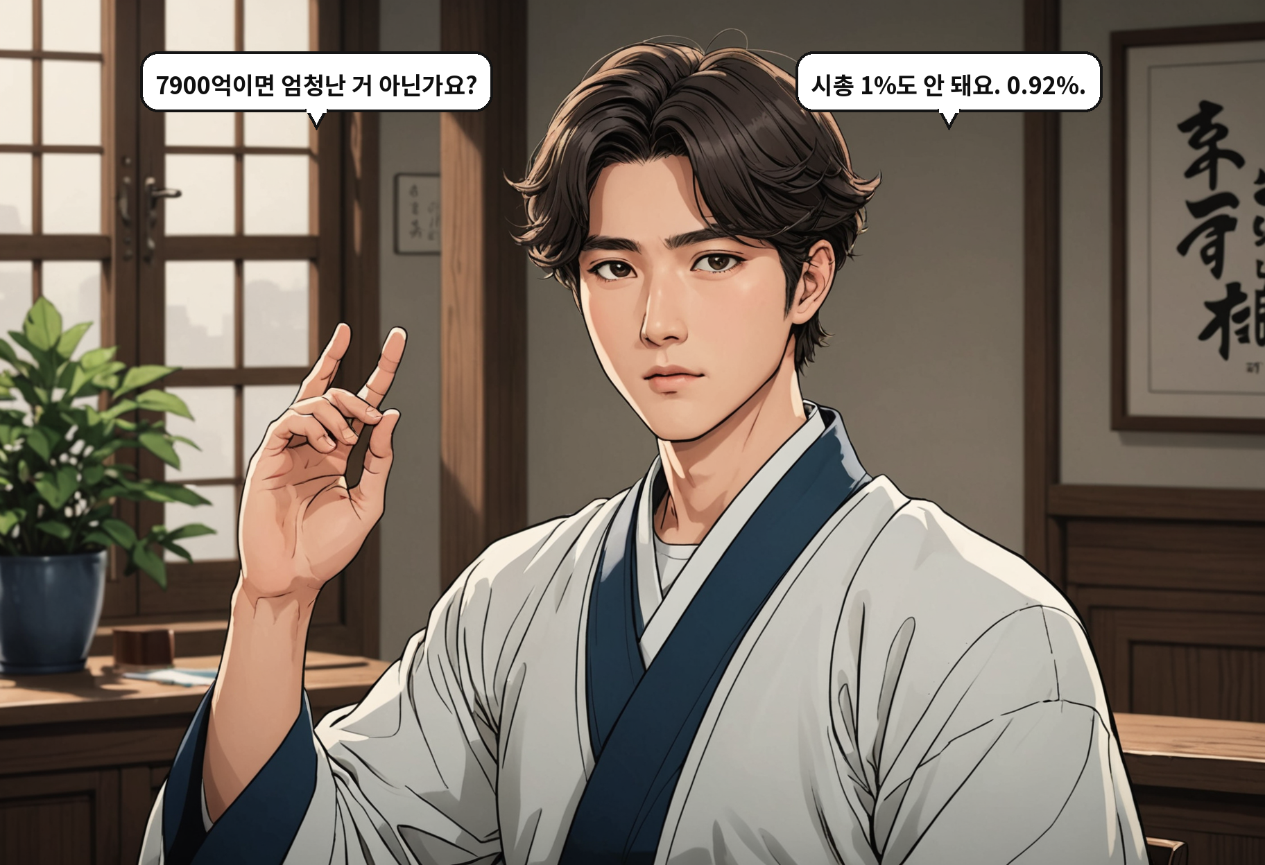 B: 7900억이면 엄청난 거 아닌가요? A: 시총 1%도 안 돼요. 0.92%.