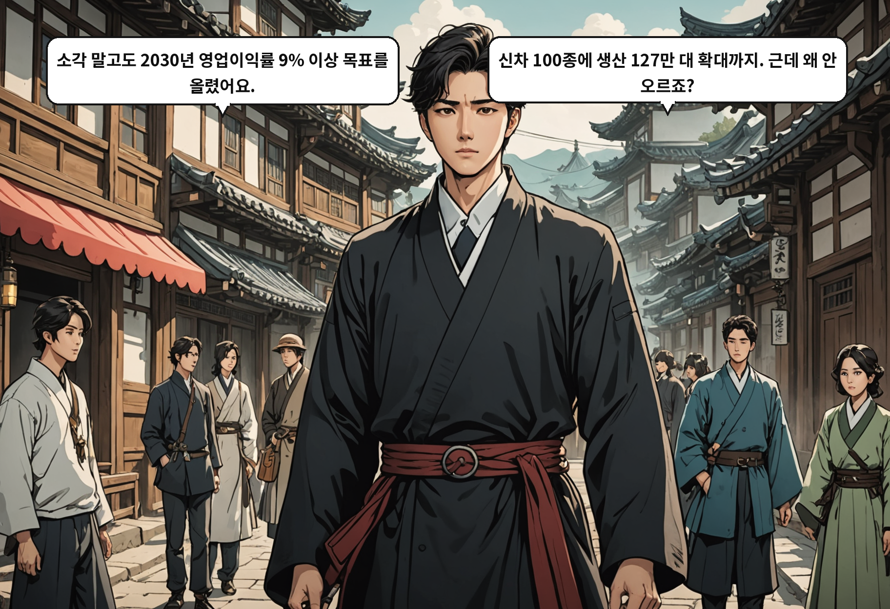A: 소각 말고도 2030년 영업이익률 9% 이상 목표를 올렸어요. B: 신차 100종에 생산 127만 대 확대까지. 근데 왜 안 오르죠?