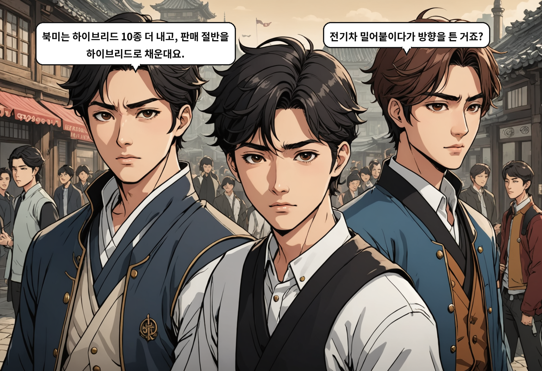 A: 북미는 하이브리드 10종 더 내고, 판매 절반을 하이브리드로 채운대요. B: 전기차 밀어붙이다가 방향을 튼 거죠?